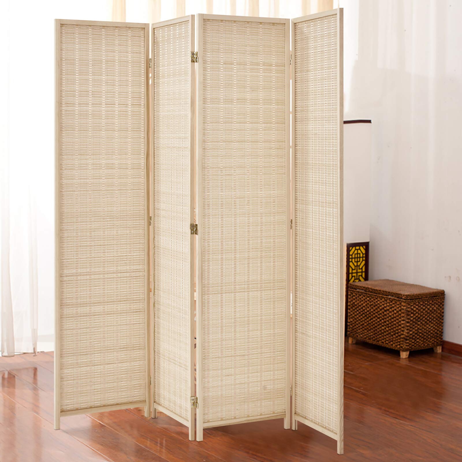 Esright 4 Panel Bamboo Room Divider, 6 Ft Tall Folding Privacy Screen