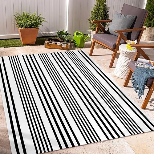 Miniatura 5 de OJIA Alfombra de área para exteriores, 4 x 6 pies, color blanco y negro, lavable a máquina, alfombra de algodón tejida a mano para interiores y