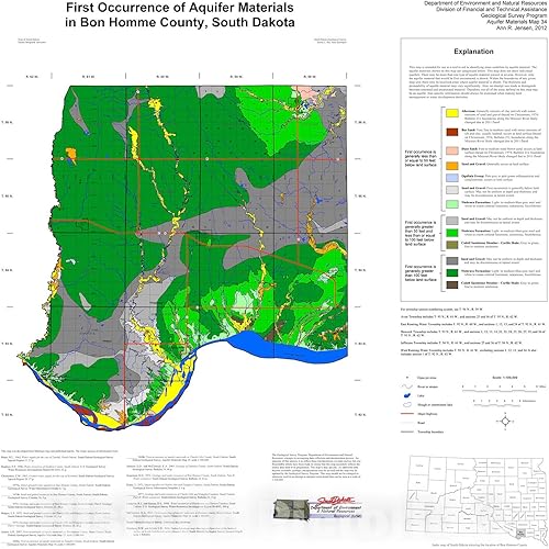 Historic Pictoric Mapa Primera aparición de materiales acuíferos en el condado de Bon Homme, Dakota del Sur, 2012 Cartografía Arte de Pared 16 x 16