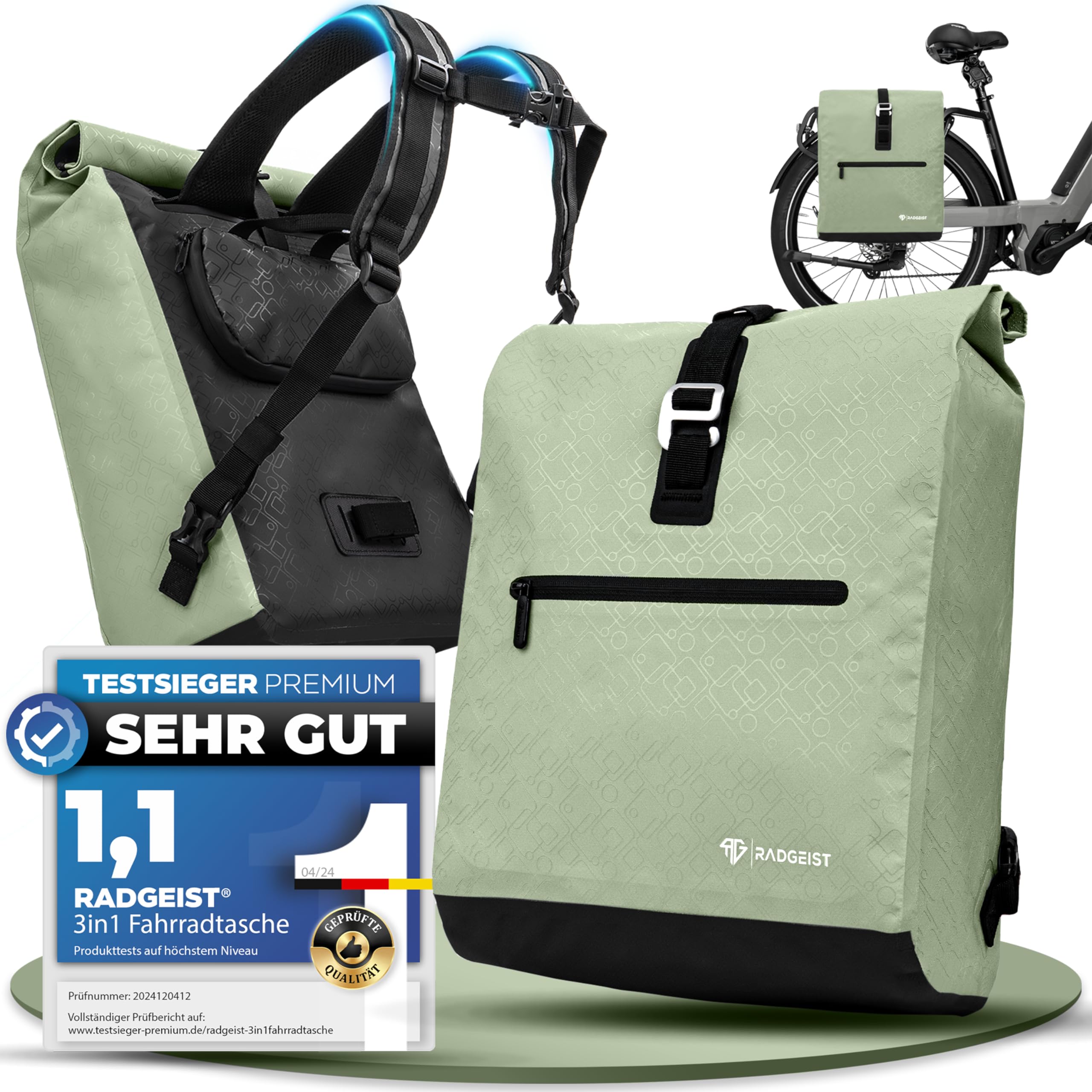 RADGEIST Fahrradtasche für Gepäckträger I Gepäckträgertasche & Rucksack I Fahrradtasche für Damen & Herren I Umhängetasche & Gepäcktasche für Fahrrad 20L Mint