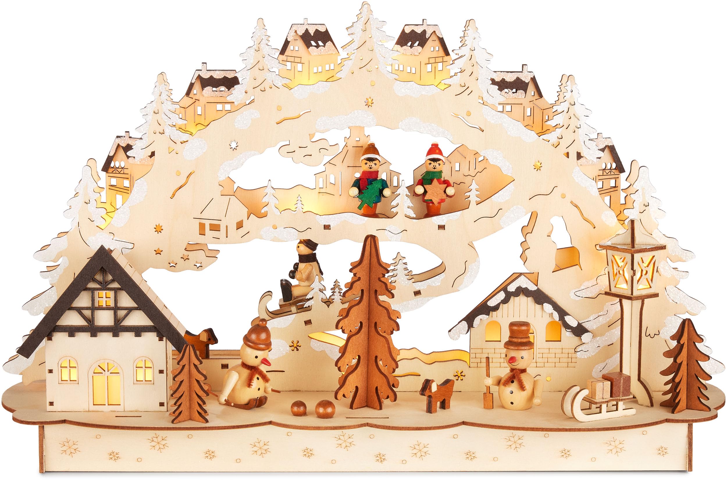 BRUBAKER 3D Lichterbogen - LED Schwibbogen - Dorf in verschneiter Winterlandschaft - Weihnachtsbeleuchtung aus Holz Natur - 27 x 45 x 12 cm - Handbemalte Weihnachtsdeko für Tisch & Fensterbank