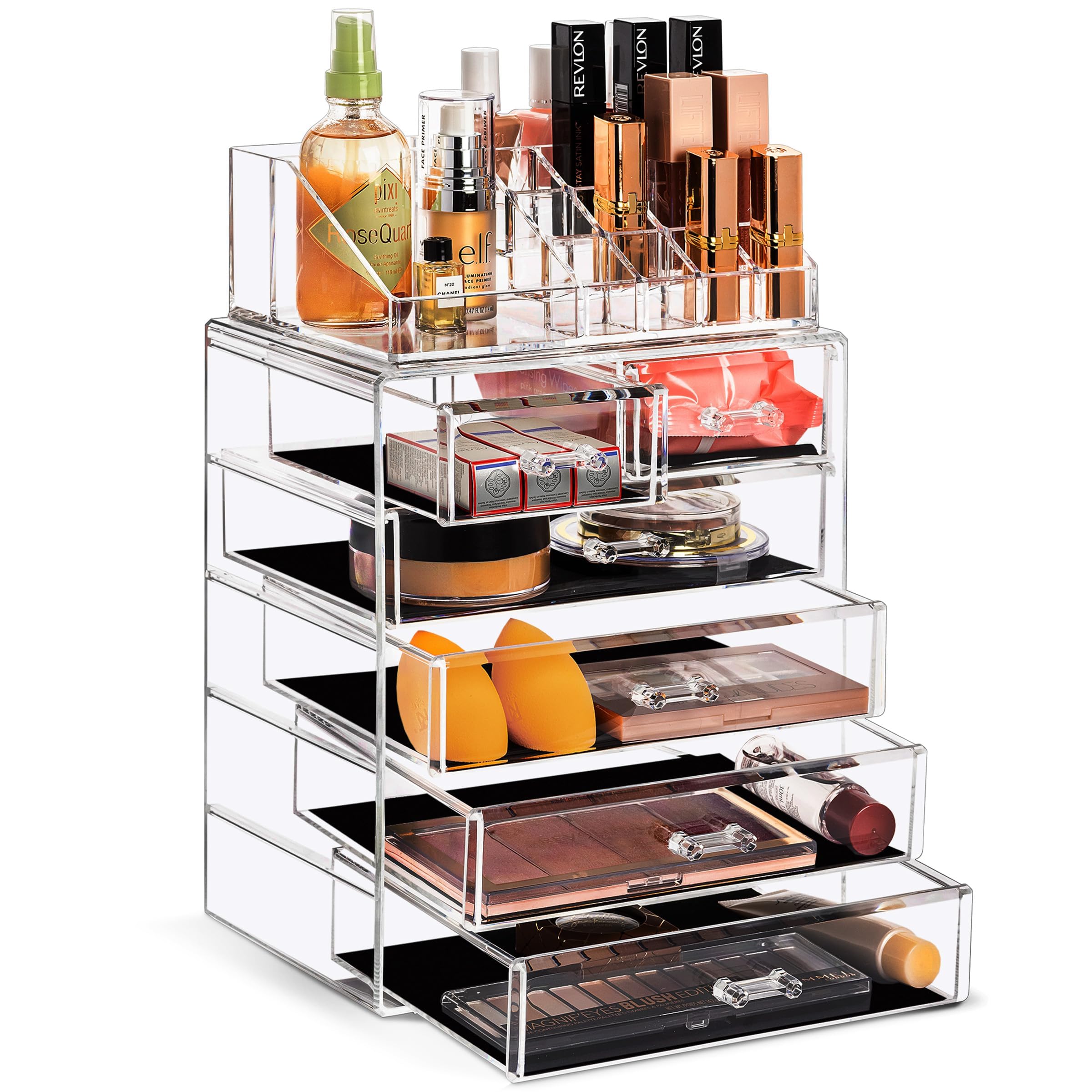 Sorbus Przezroczysty organizer na kosmetyki do makijażu - przechowywanie makijażu i biżuterii, etui i ekspozycja, przestronny design, uchwyt na komodę, łazienkę, toaletkę i blat (4 duże, 2 małe