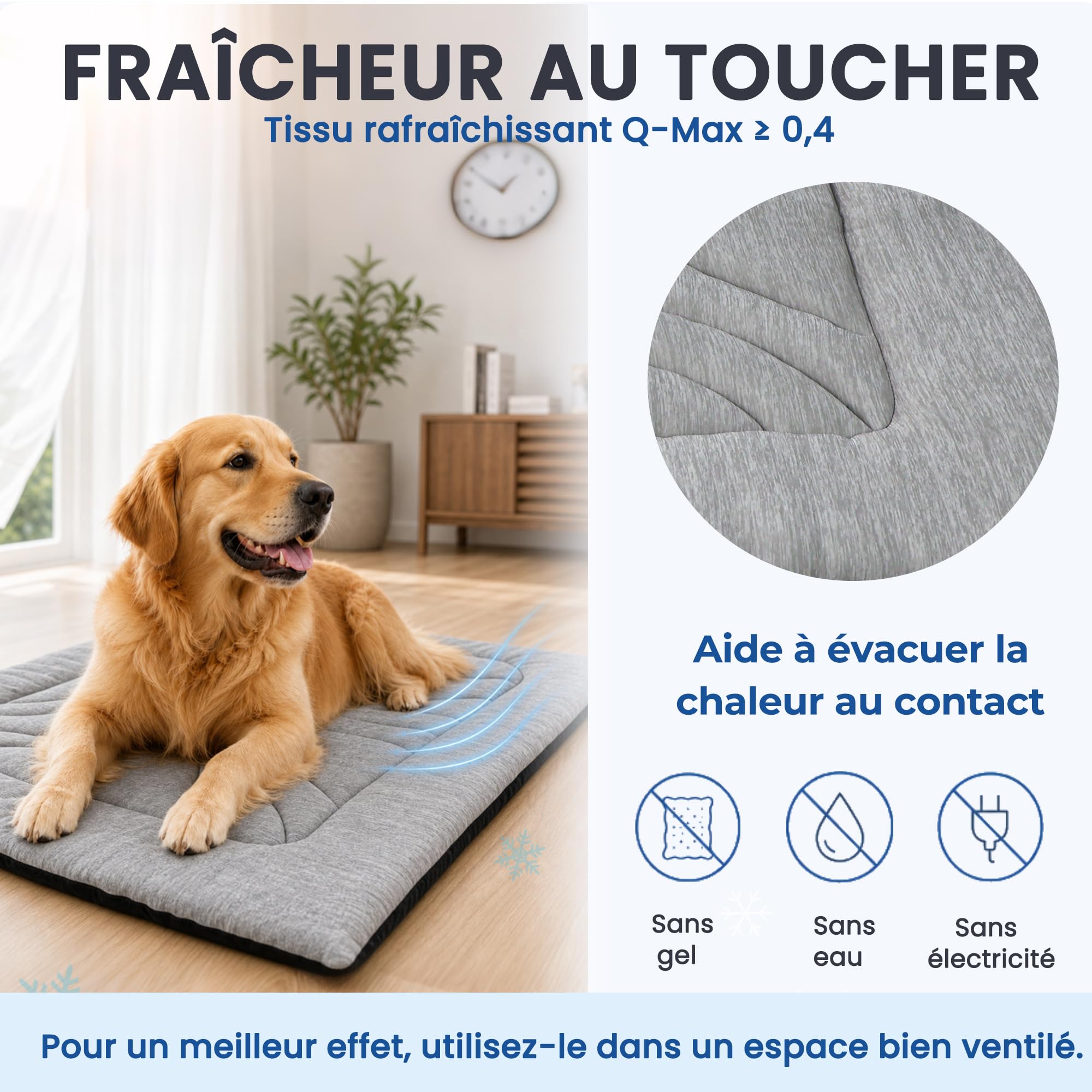 Tapis Rafraîchissant Chien sans Gel, Q-Max ≥ 0,4, 90×65/120×75 cm | Surface PE Q-Max ≥ 0,4, rembourrage env. 3 cm, base antidérapante et lavable pour la maison, la voiture et la cage