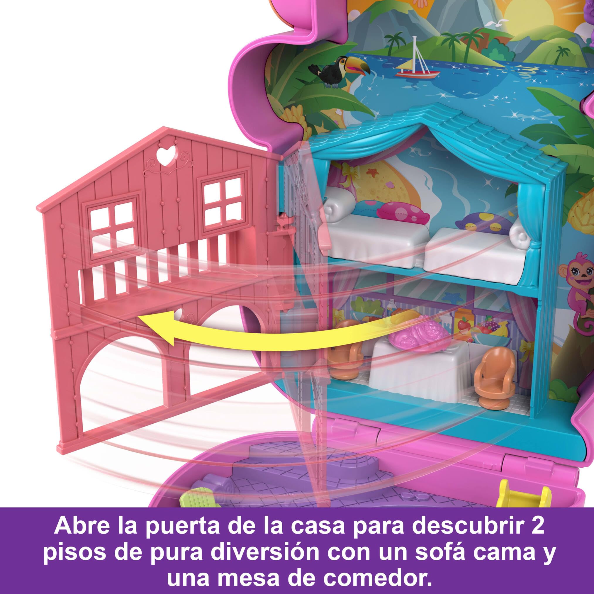 Polly Pocket Adventures in Rio Mamá mono y su bebé, Cofre-bolso 2 en 1, 2 sets de juego que incluyen 2 mini muñecas, animales y teleférico, juguete regalo para niños y niñas +4 años, HWP04