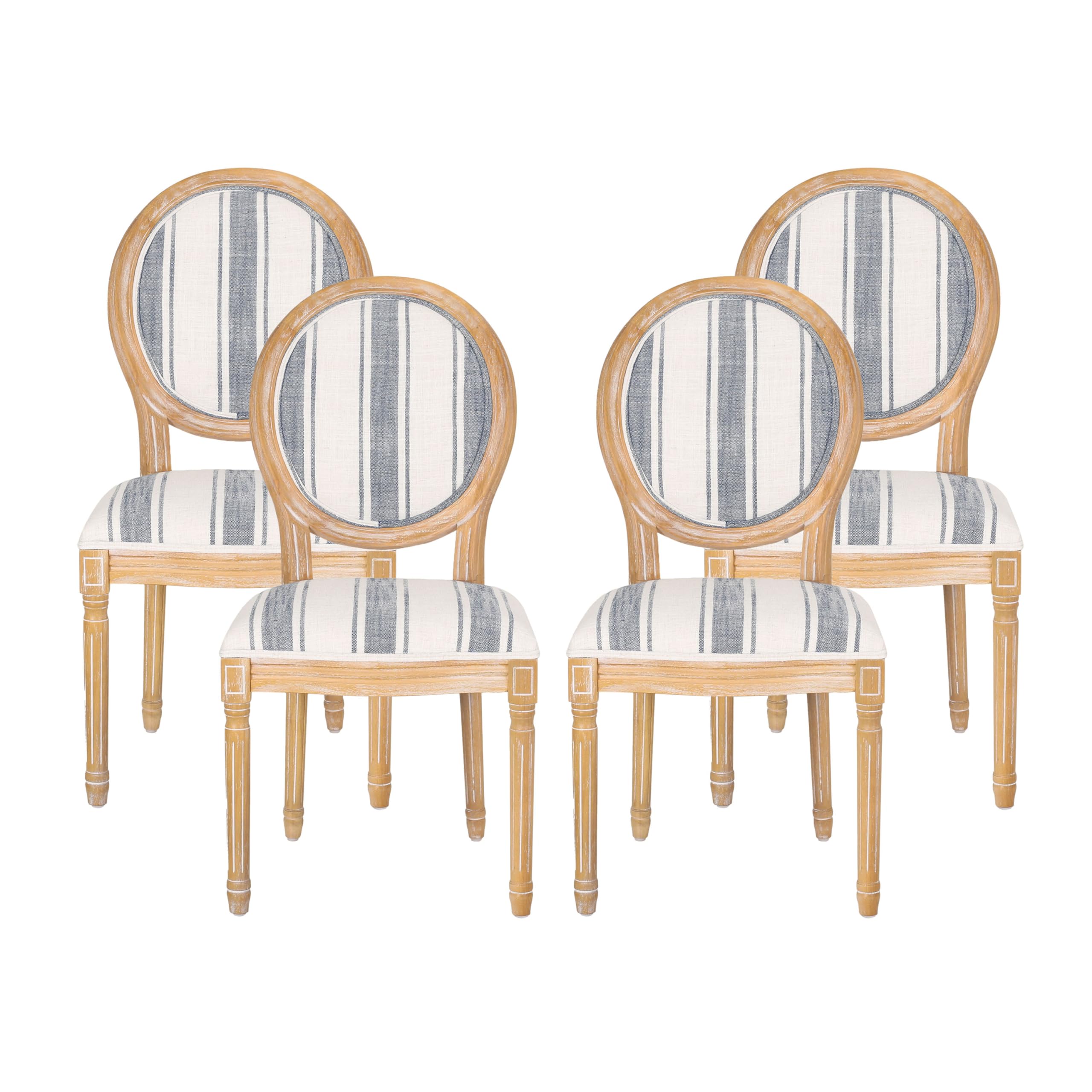 Photo 1 of ***PARTIAL SET - PRICE ADJUSTED***Christopher Knight Home Phinnaeus Dining Chair Set, Set of 4, Wood, Dark Blue Stripes + Light Beige + Natural