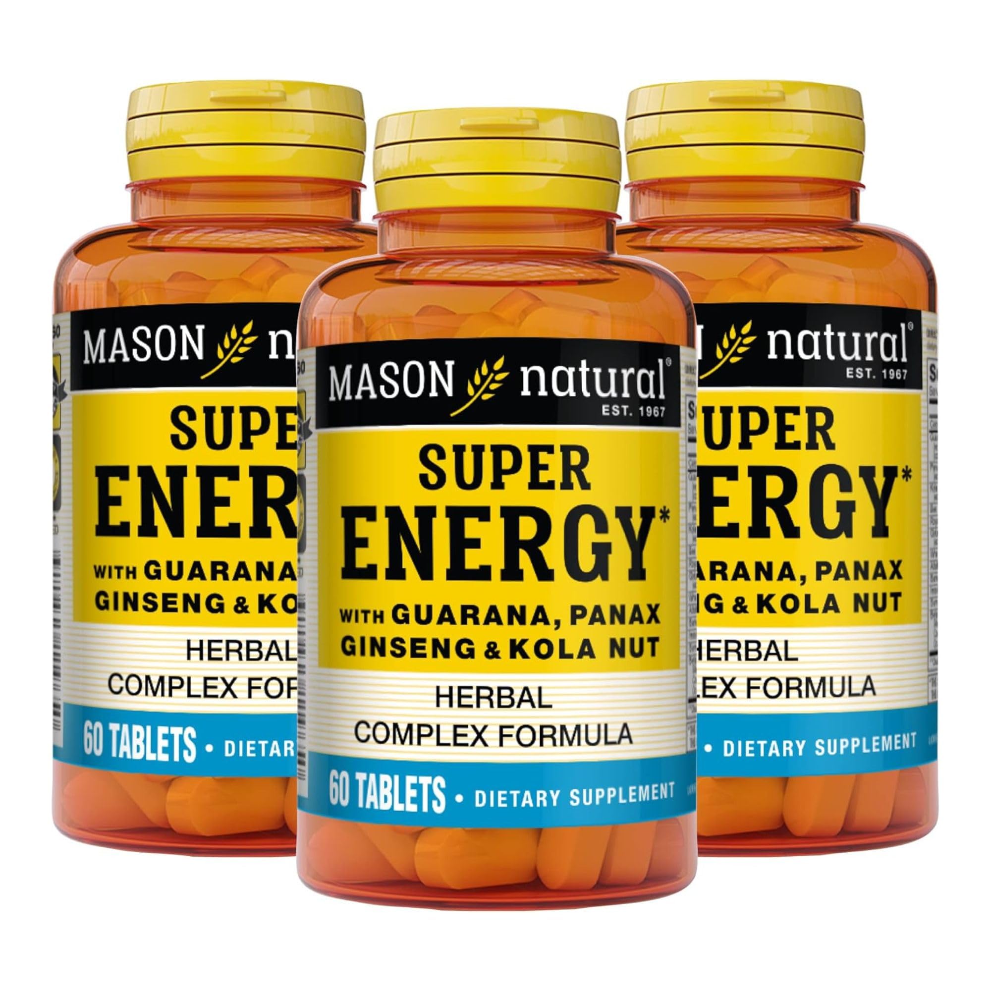 MASON NATURAL Super Energy, Made with Guarana, Panax Ginseng & Kola Nut for Optimal Performance & Energy, 90 Day Supply, 60 Tablets (Pack of 3)