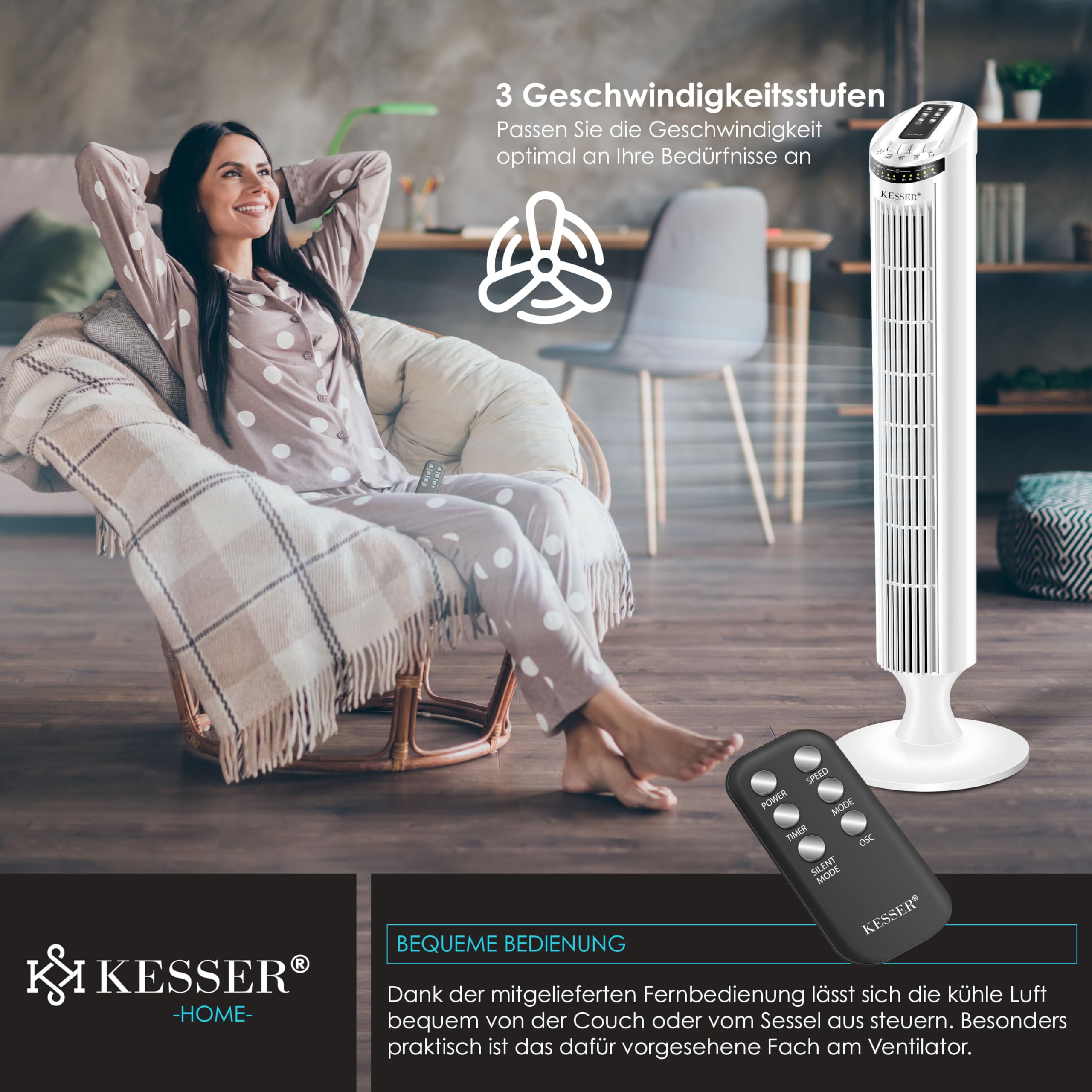 KESSER® Ventilatore a torre con TELECOMANDO - ventilatore a colonna con display a LED - ventilatore a piantana - climatizzatore