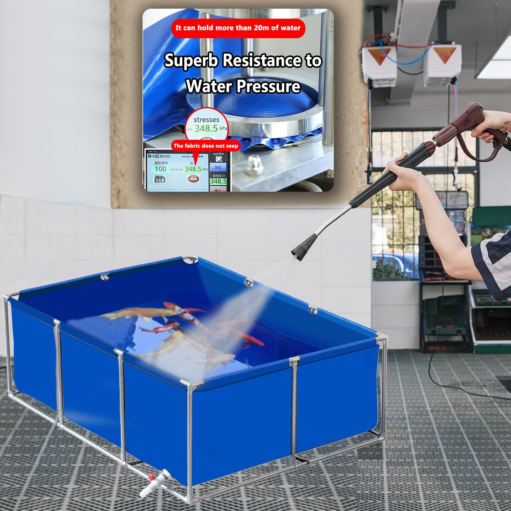 Außenlagertank Segeltuch Fischteich Oberirdischer Teich Gartenbewässerungsreservoir kubischer Fischteich mit Ständer Ablassventil Blue 2×1.5×0.9m