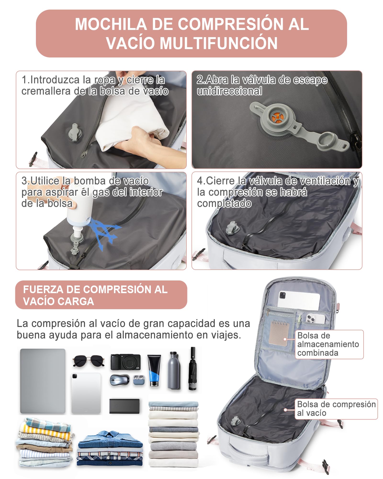 suradar Mochila al Vacío, Mochila Viaje Vacio con Bomba Travel Backpack Bolsa de Cabina Avion 45x36x20 para EasyJet Equipaje de Mano con Sistema Compresion para Hombre y Mujer Gris