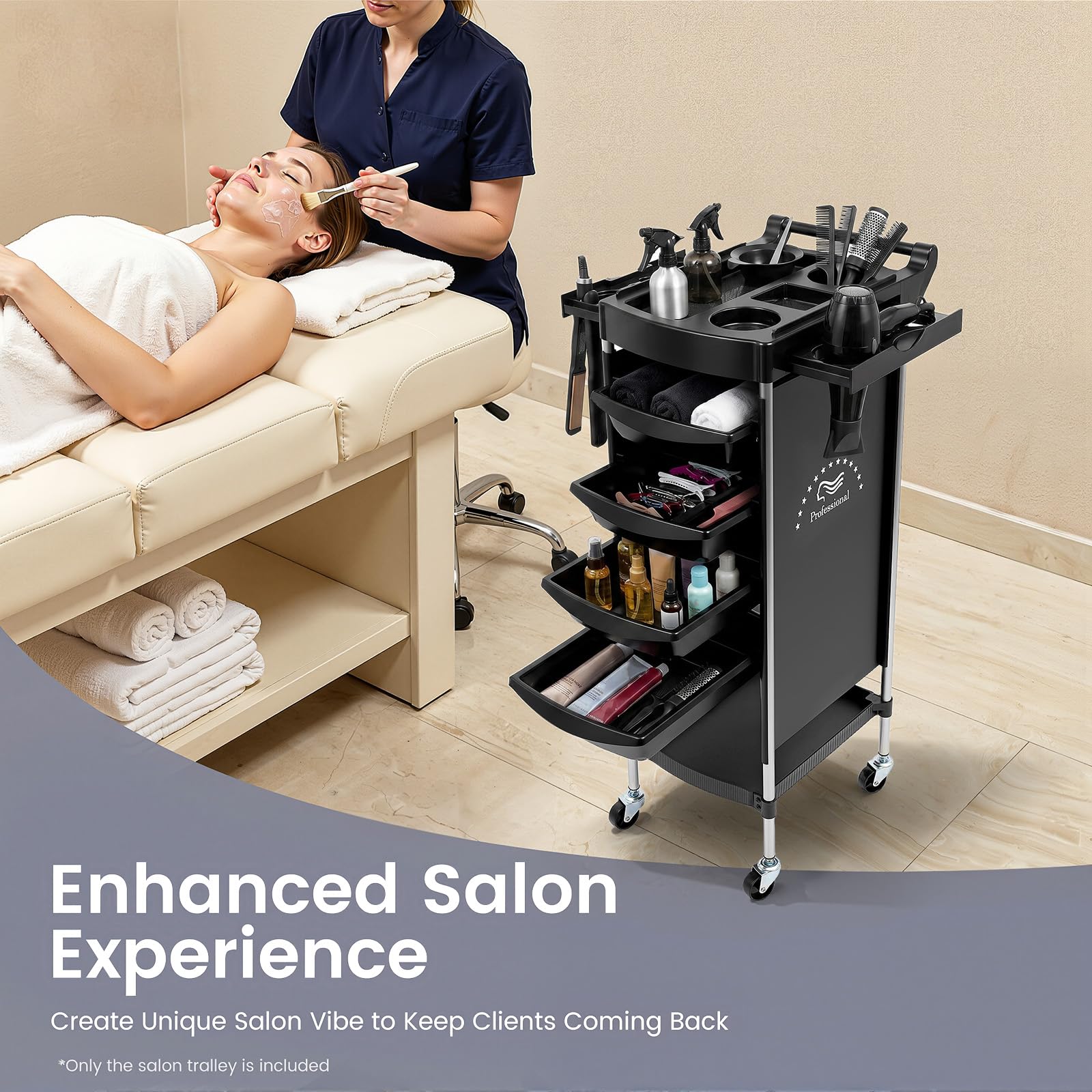 Friseurwagen Rollwagen, 6 Etagen Salonwagen Kosmetikwagen 360° Schwenkbar, Servicewagen Friseurladen Friseurwagen Geeignet für Schönheitssalons Friseure - Schwarz