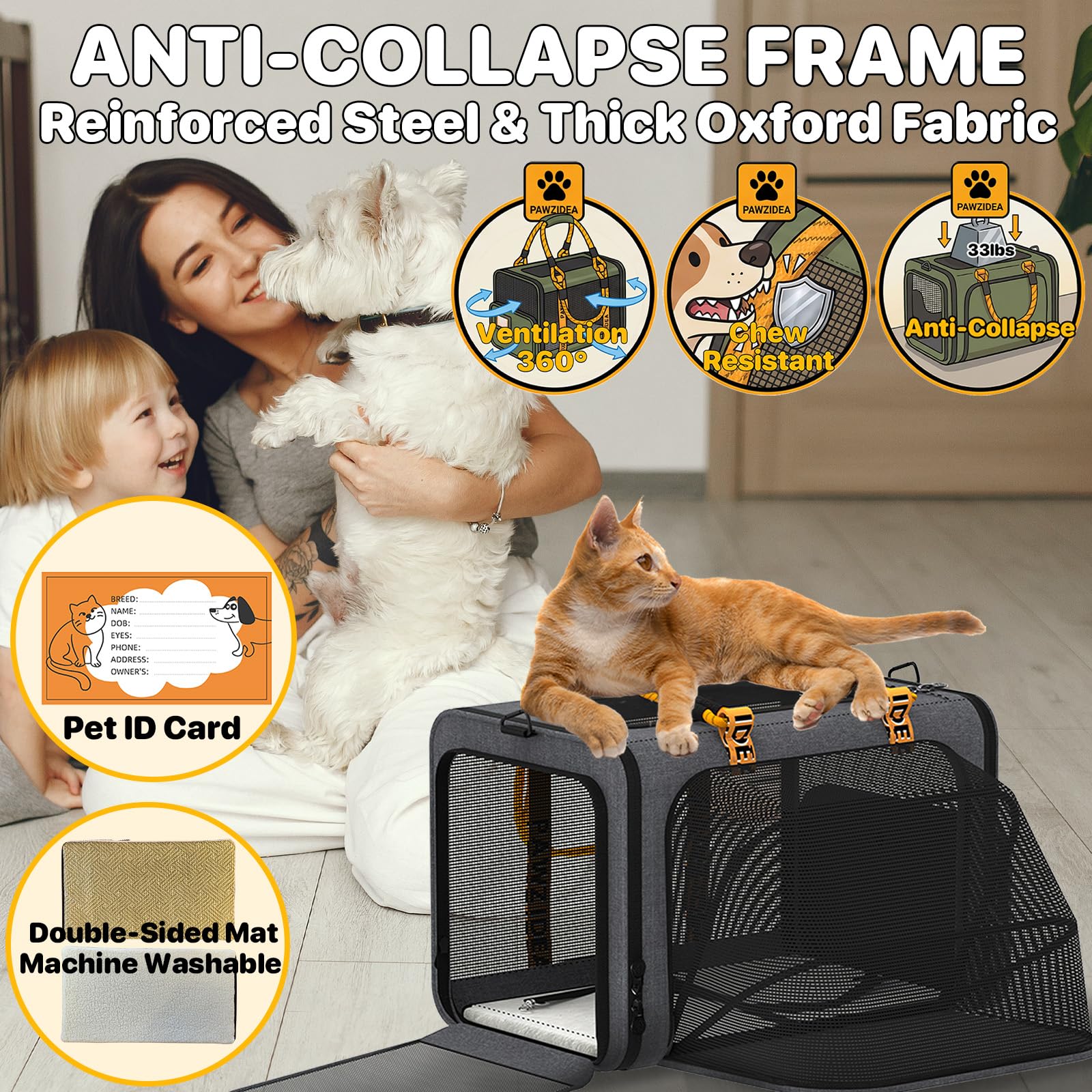 PAWZIDEA Expandable Pet Carrier Airline Approved, 18&times;11&times;11 Inches Small Dog Carriers, Collapsible Top-Load Cat Carrier for 2 Cats Under Seat, Soft-Sided Puppy & Animal Travel Bag, ID Card, Up to 15lbs - image 8