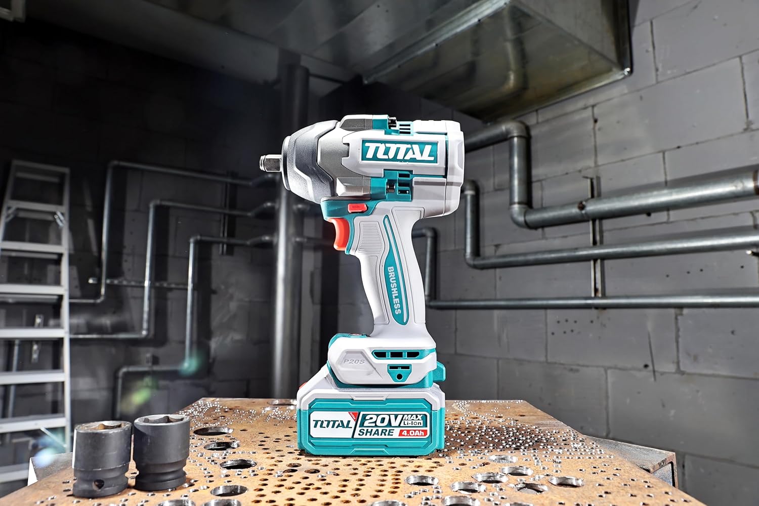 TOTAL 20V Cordless Brushless Impact Wrench TIWLI2085 with included deep impact sockets.