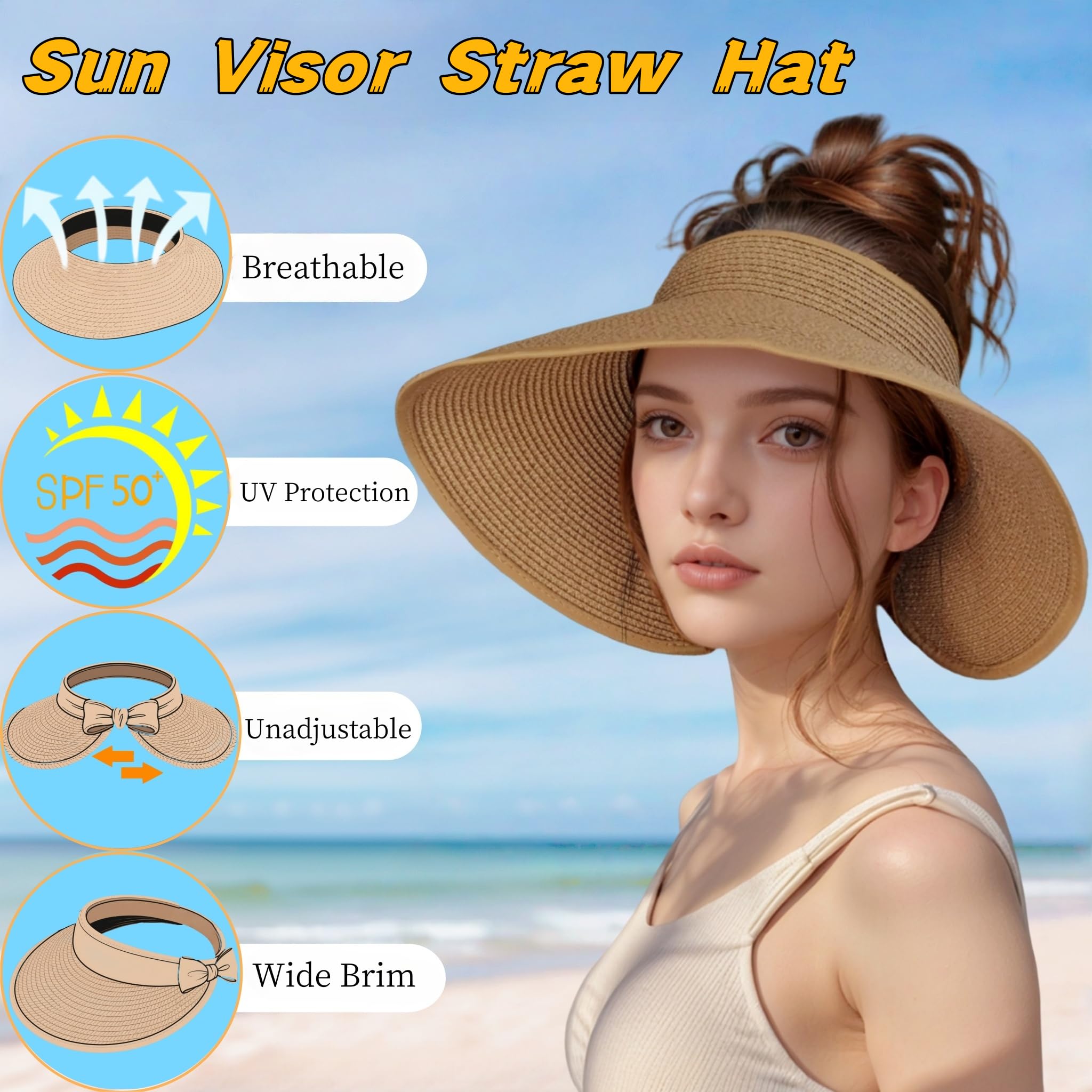 Sombreros de paja con visera solar para mujer, plegable, de ala ancha, flexible, para cola de caballo, playa, protección UV, esenciales para vacaciones, Caqui, Talla única 4