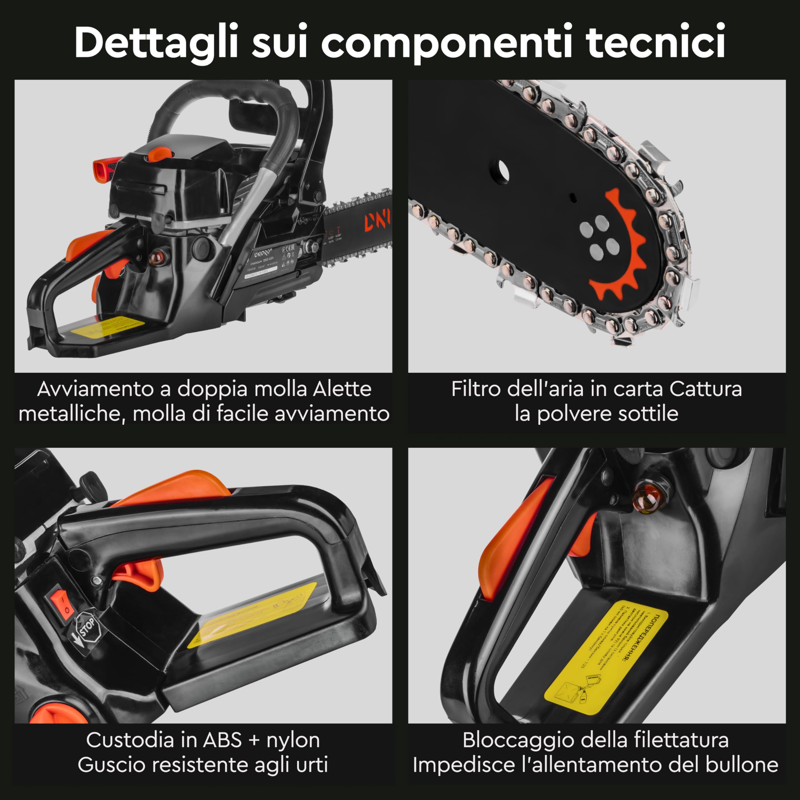 Motosega a Scoppio 45cc, Motore 2 Tempi 1.8 kW (2.4 HP), Barra Professionale 40cm (16"), Sistema Easy Start, Antivibrazione, Sega per Taglio Legna - DSG-45H