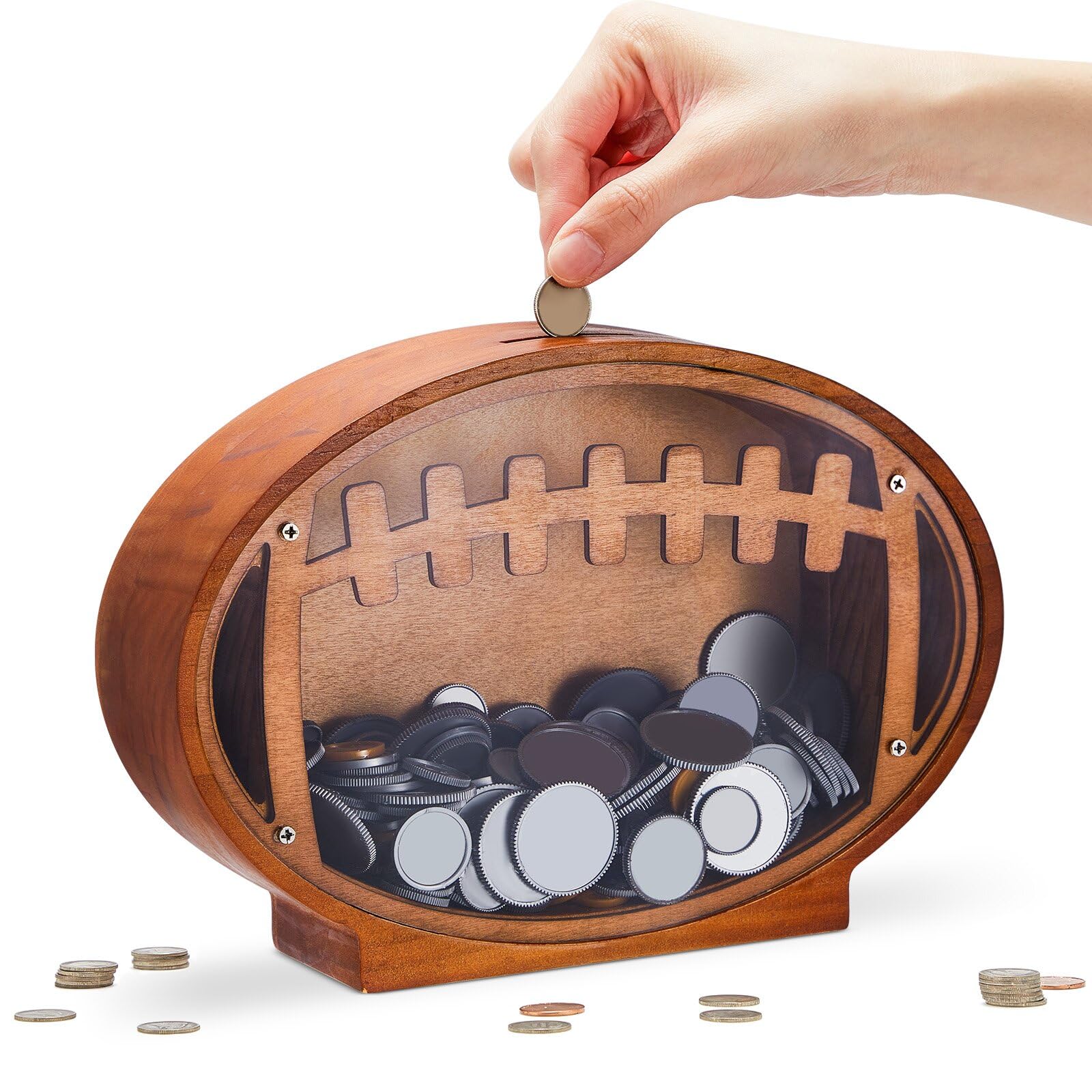 Foilswirl Wooden Football Piggy Bank for Kids Clear Piggy Bank with Transparent Window Cute Coin Bank for Boys Girls and Adult Unbreakable Toddler Money Bank for Birthday Sport Party Gift