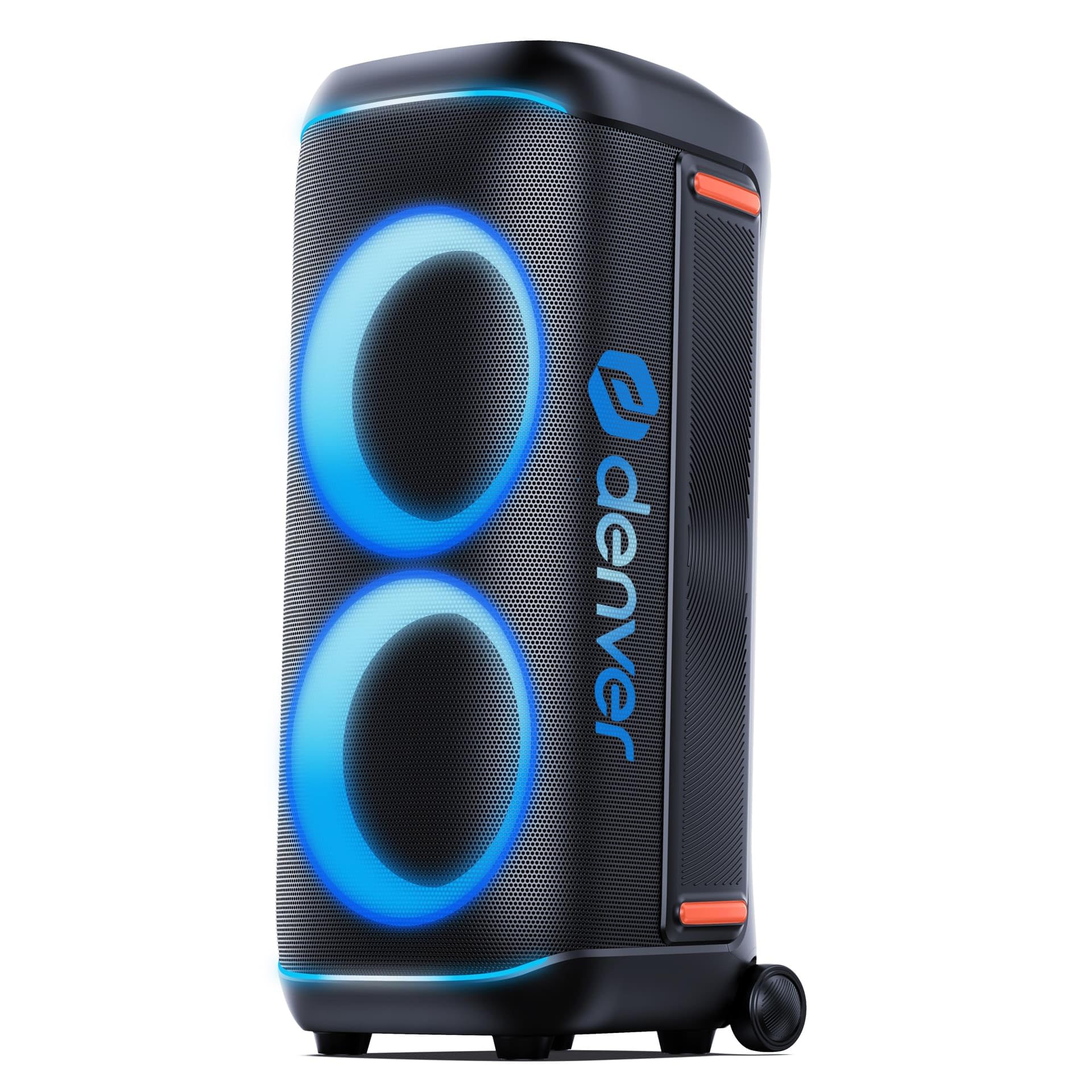 Denver BPS-470 - Bluetooth Party Lautsprecher Groß 2000W mit LED RGB Licht | 2x10 Zoll Woofer, Mikrofon & Fernbedienung, TWS Stereo-Paarung, AUX/USB/MicroSD, IPX4, 6000mAh Akku mit Rollen, 85 cm