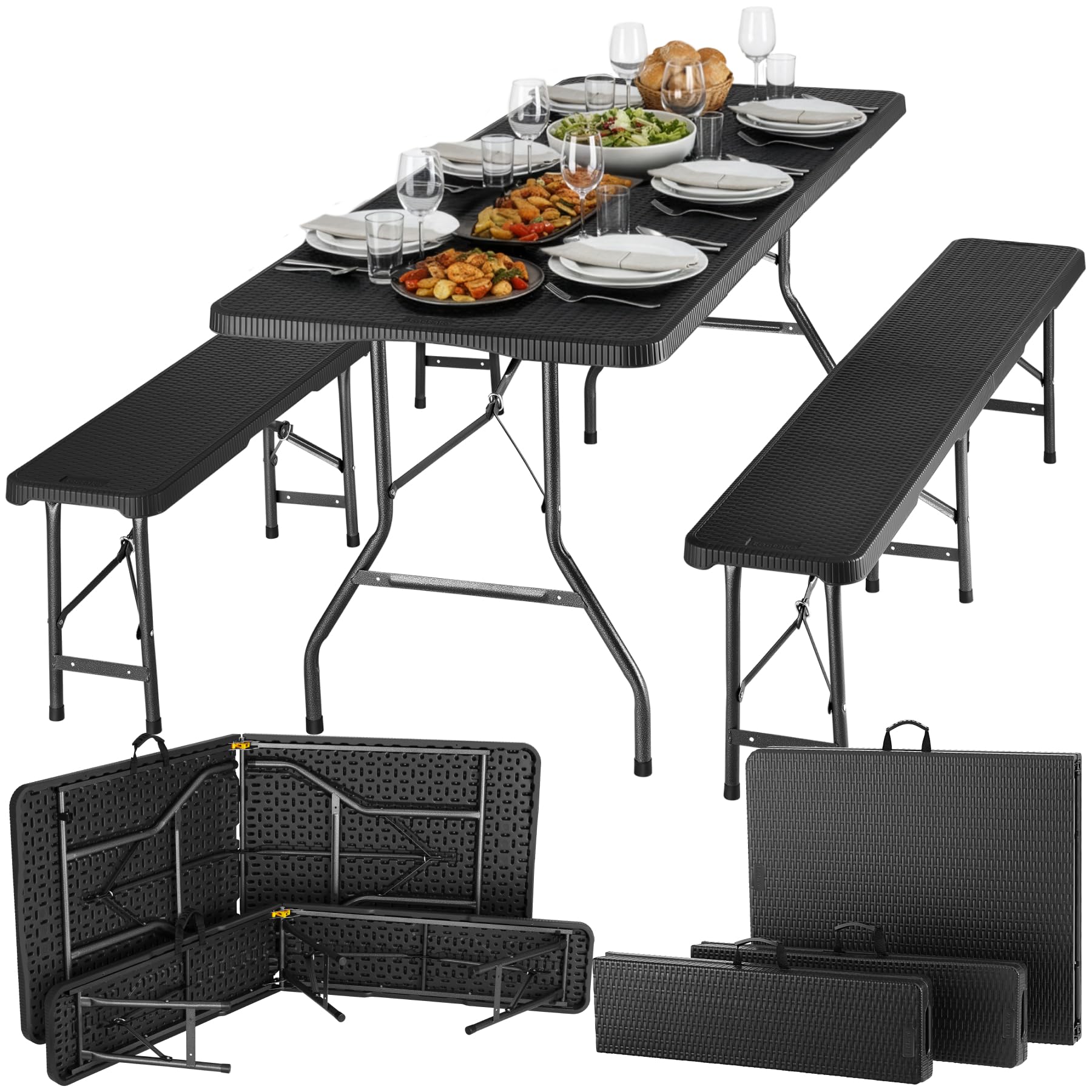 tectake® 3-teiliges Gartenmöbel Set, klappbarer Campingtisch mit 2X Bierbank, Balkonmöbel, Garten oder Terrassentisch Set, Bierzeltgarnitur, mit Tragegriffen, 180cm lang (schwarz) | Hohe Belastbarkeit 500 kg pro Bank, bodenschonende Kunststoffkappen, Trag