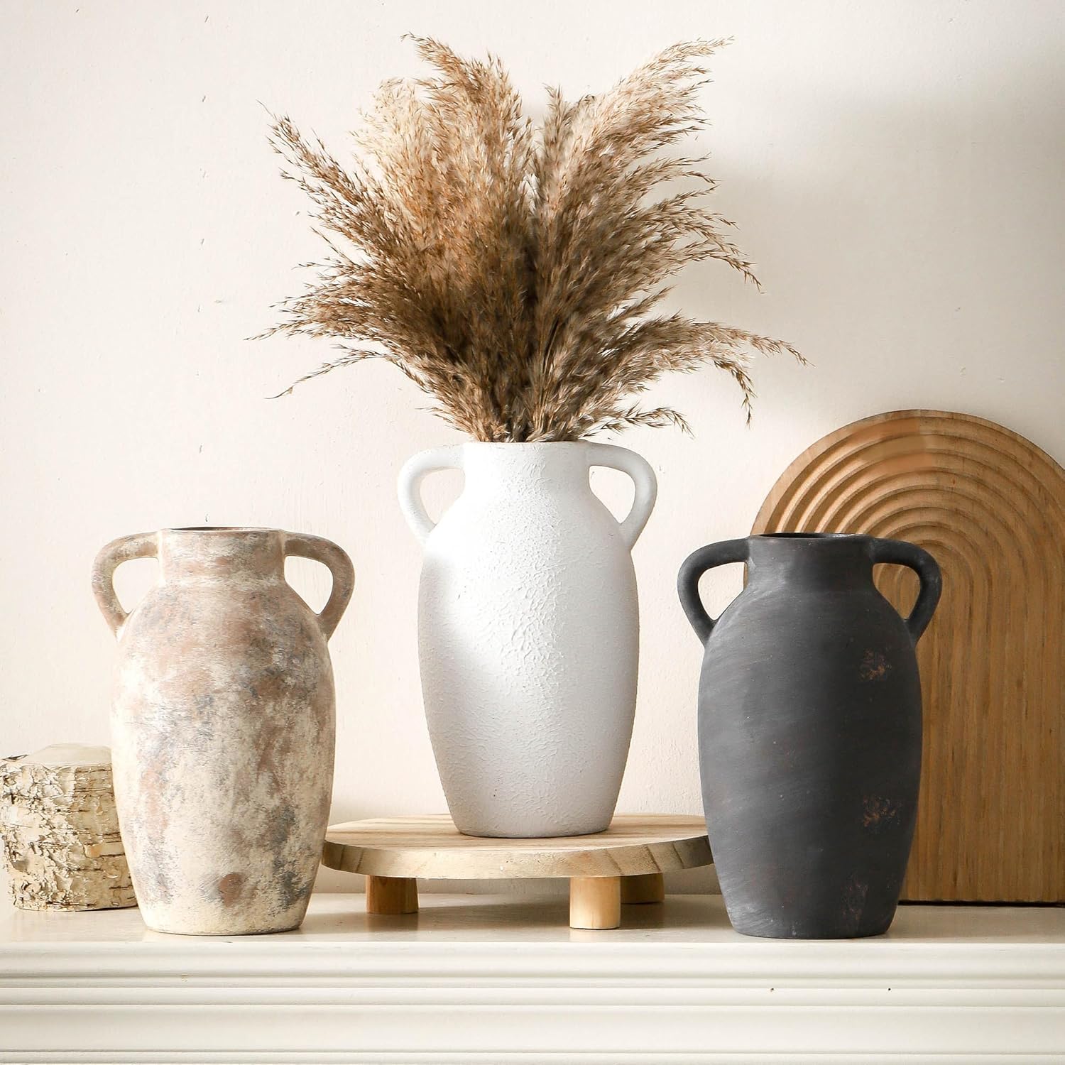 Terracotta Farmhouse Flower Vase, 9.6 Inch Ceramic Rustic Vase with 2 Handles, Decorative Vase Boho Decor for Home Decor, Table, Living Room, Shelf Decoration 110-3 image 6 of 7 B0F79LWG6S
