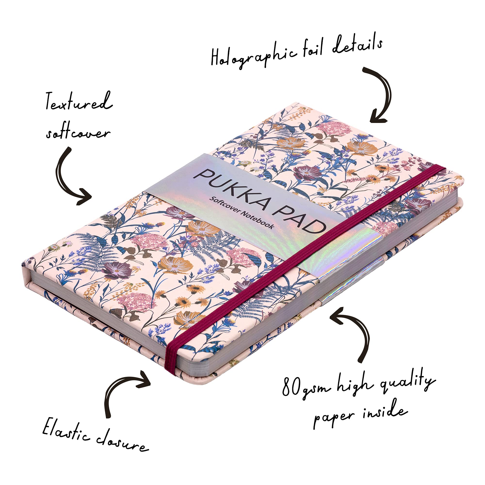 Pukka Pad, Bloom A5 Soft Cover Notizbuch - Casebound Journal Notizblock- 192 Seiten 8mm linierter 90GSM Papier - Hardcover Notizblock mit Aufbewahrungstaschen, 21 x 13cm - Blumenmustern, Creme