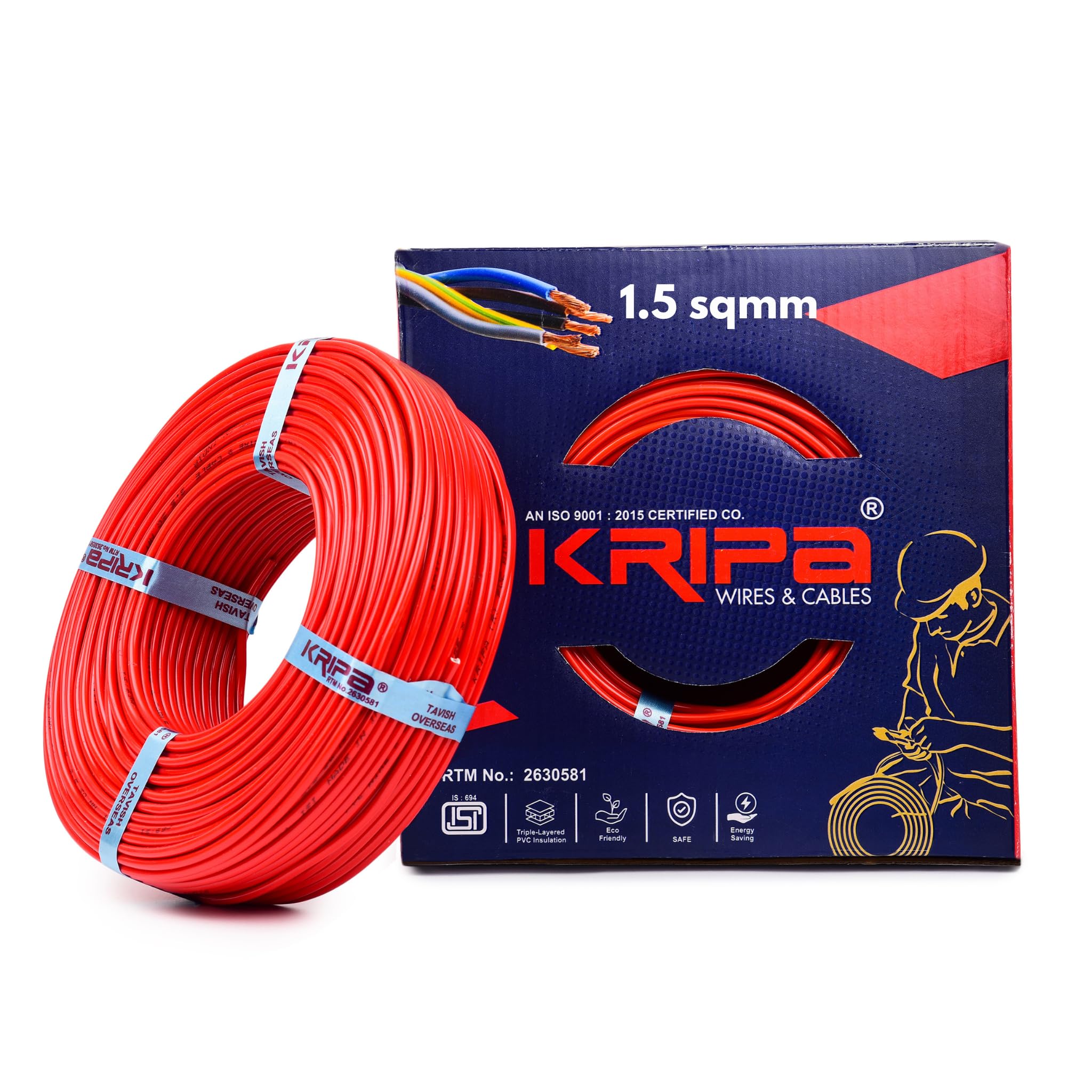 KRIPA 1.5 Sqmm FR PVC Insulated CCA Copper Wire | 90 Meter Single Core Multistrand House Cable | Flame Retardant | Gauge 10 | Red