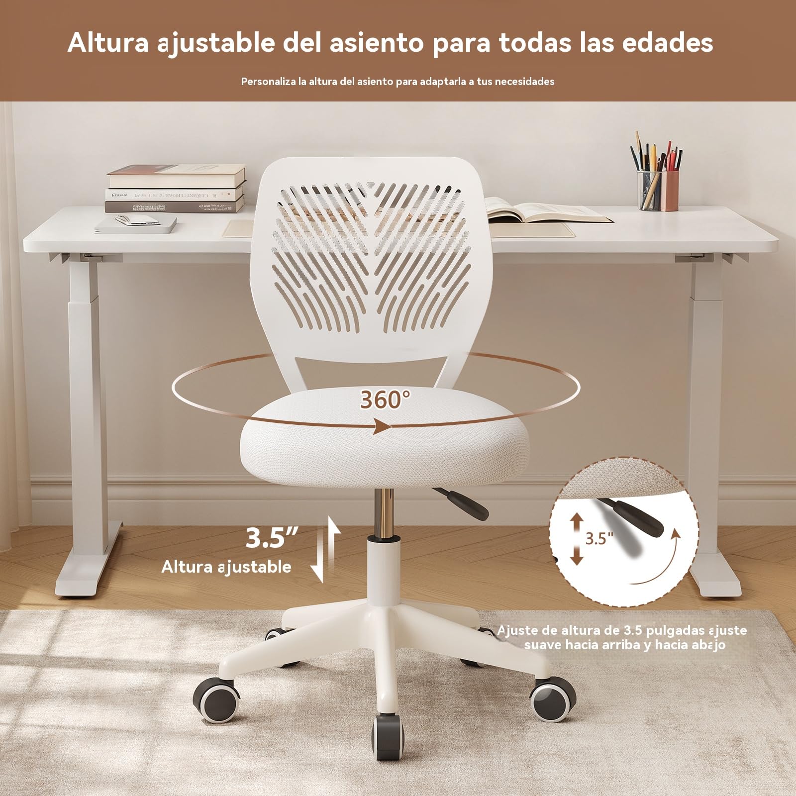 Silla Giratoria Ajustable para Escritorio, Silla de Oficina Sin Brazos, Taburete Redondo con Ruedas y Respaldo para Hogar y Oficina