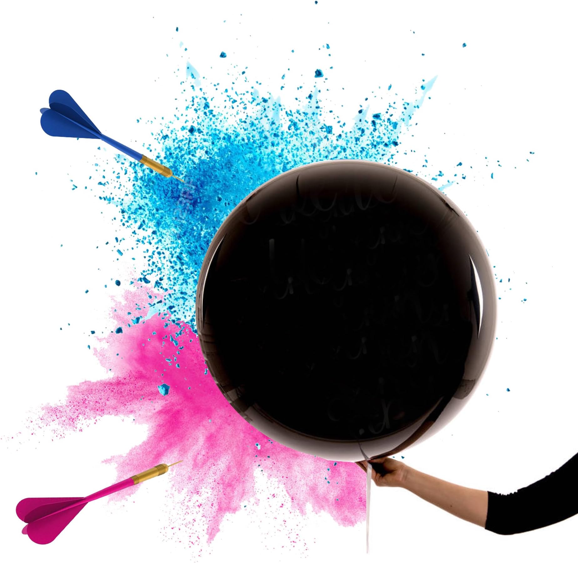 2xGender Reveal™ KING-SIZE Bomb Smoke 36" 2 Black Balloons Pink and Blue powder Two Darts Gender Reveal Balloon
