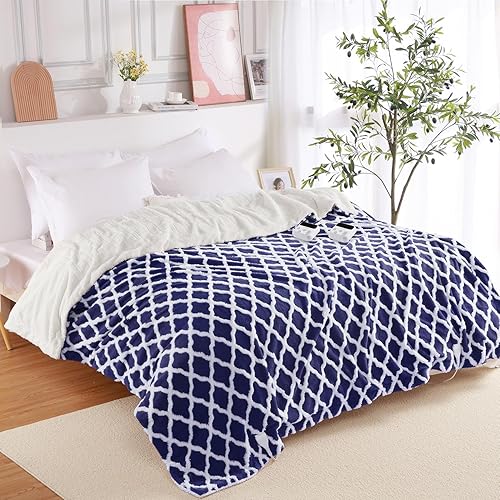 CAROMIO Manta térmica Queen de doble control, manta eléctrica Sherpa con 6 niveles de calefacción, 20 modelos de tiempo y certificación UL, manta