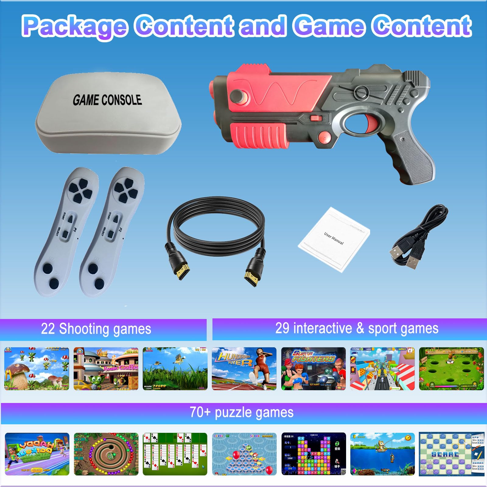 TV Game Console with 100+ Games, Handheld Video GameConsole for Kids, GameSystem with AR Gun Game for Boys,2 GameController, TV Plug& Play, Xmas Birthday Toy Gift for Boys Girls Age 3 +