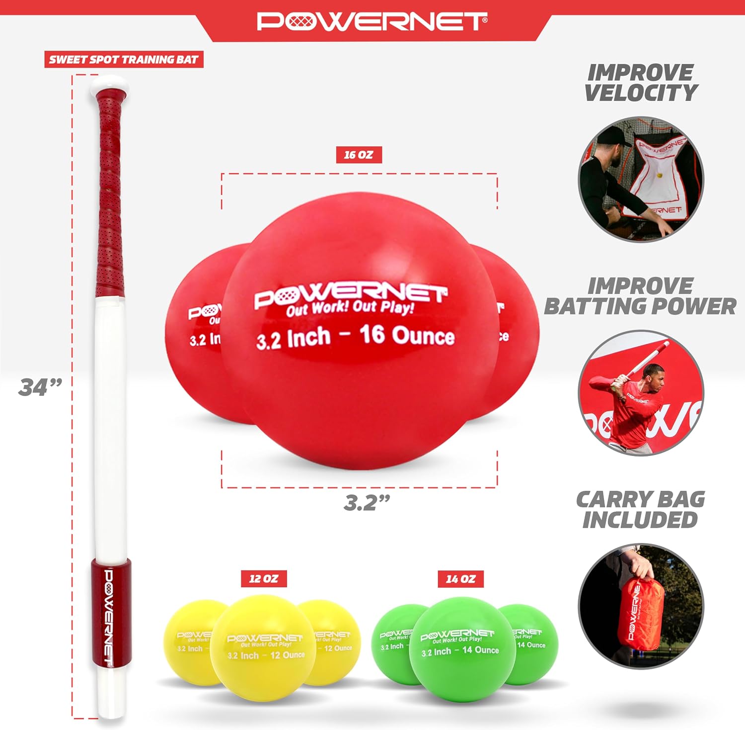 PowerNet Sweet Spot Training Bat + 3.2"" Progressive Softball Training Balls for Hitting & Pitching, 9 Pack Weighted Balls & Weighted Bat, Improve Hand-Eye Coordination & Power