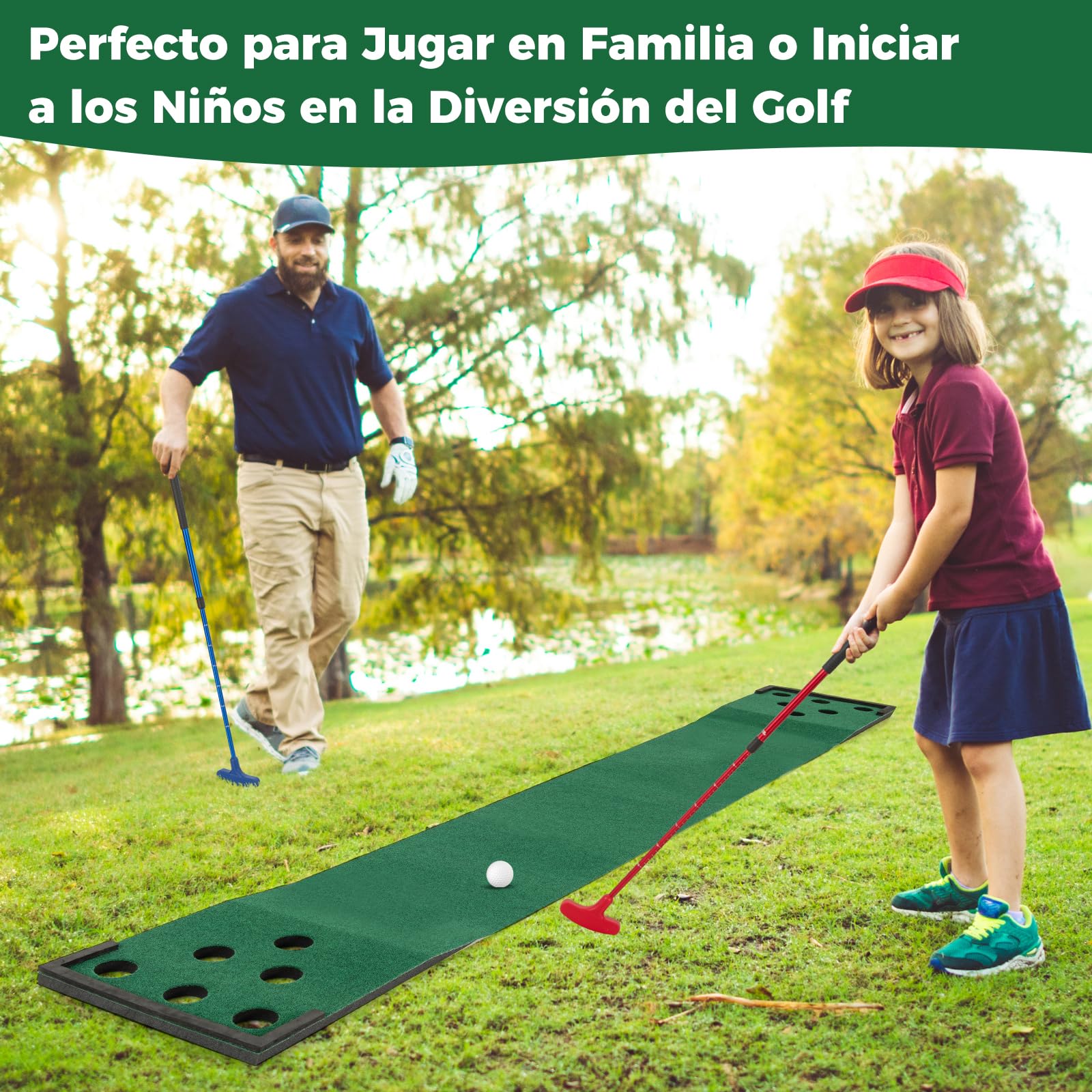 GYMAX Alfombra de Putting Práctica, Juego de Golf Mat Portátil con 2 Putters Ajustables,6 Bolas, Bolsa de Transporte para Interior, Exterior Case, Oficina, Entrenamiento Mini Golf