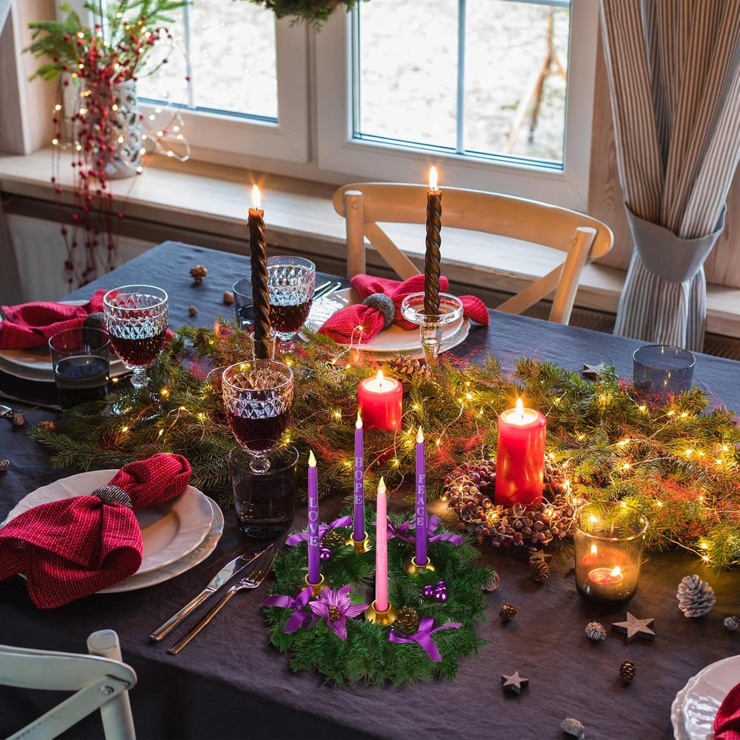 Kathfly 5 Pcs Christmas Advent Wreath with 4 Flameless Candles Holder with Hope Peace Love Joy Candle Christmas Centerpiece Decorations Pine Cones Bowknot for Xmas Advent Holiday Party (Purple)