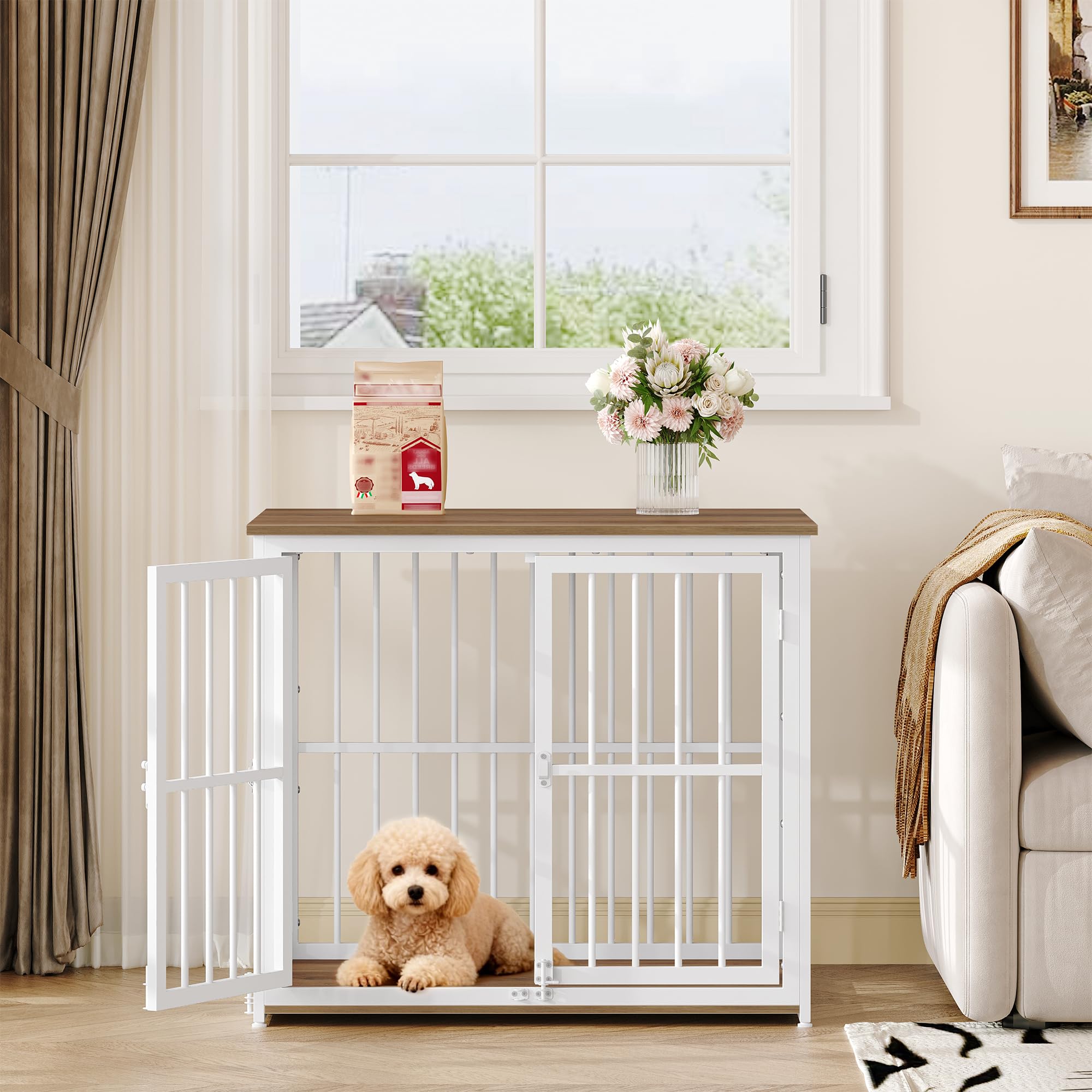 Hundekäfig Möbel, 80cm Hundebox für Zuhause mit 3 Türen, Hundebox Holz Indoor, Beistelltisch, Hundekäfig Hochbelastbar, für Kleine und Mittelgroße Hunde, 80x60x70cm, Vintagebraun & Weiß