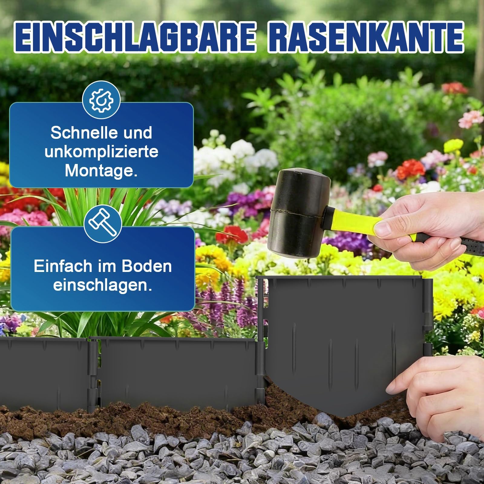 Flexible Rasenkante Kunststoff 37,4m, Beeteinfassung mit Stecksystem | Stabile Beetumrandung aus recyceltem Plastik, Beetbegrenzung Beetabgrenzung, Mähkante, Sicher für Mähroboter, Kids & Tiere