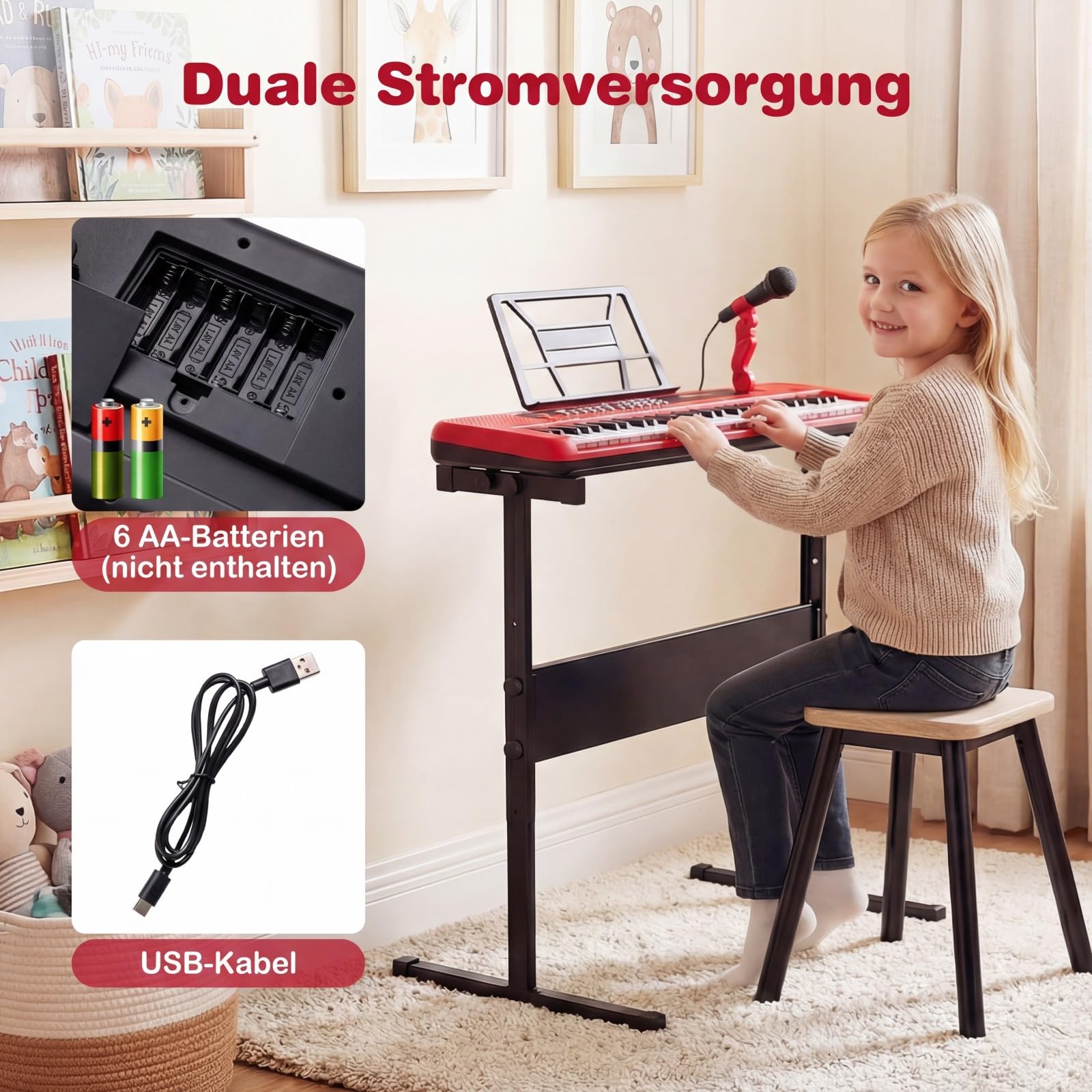 COSTWAY 61 Tasten Kinder Keyboard, Elektronisches Kinderklavier mit verstellbarem Ständer, Mikrofon & Notenständer, Kinderpiano mit Sounds, Demos & Rhythmen, für Kinder ab 3 Jahren (Rot)