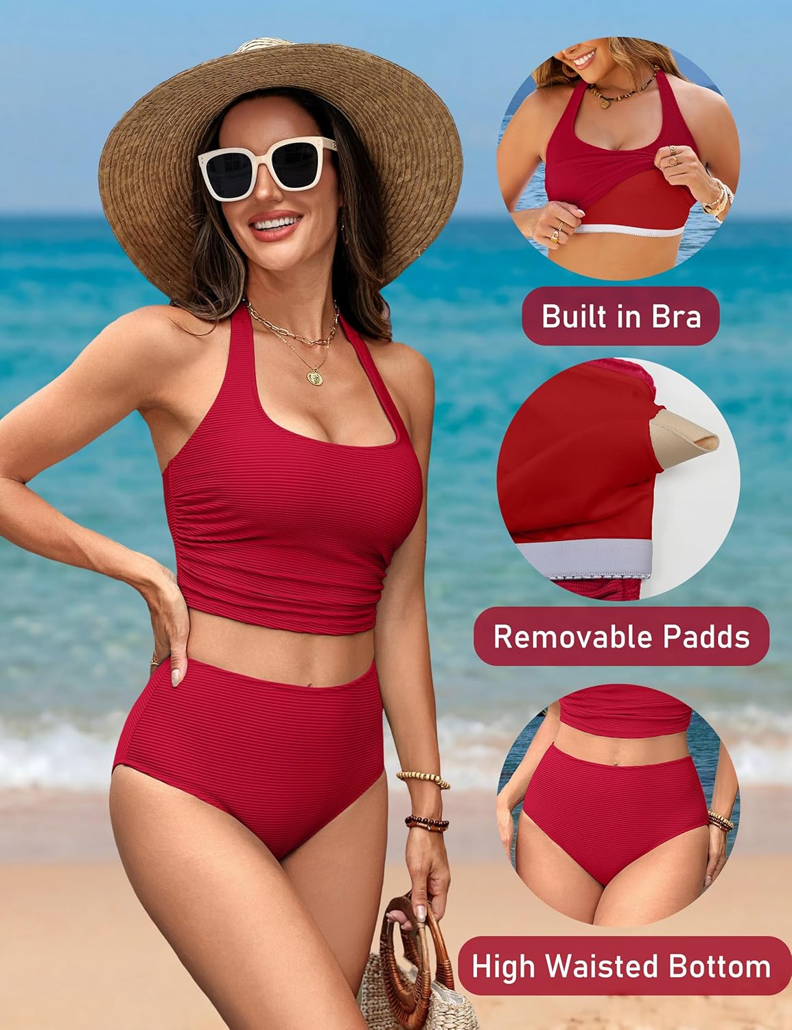 BMJL Womens High Waisted Bikini Sets Halter Two Piece Swimsuits Sporty Ribbed Tummy Control Bathing Suit - Image 4