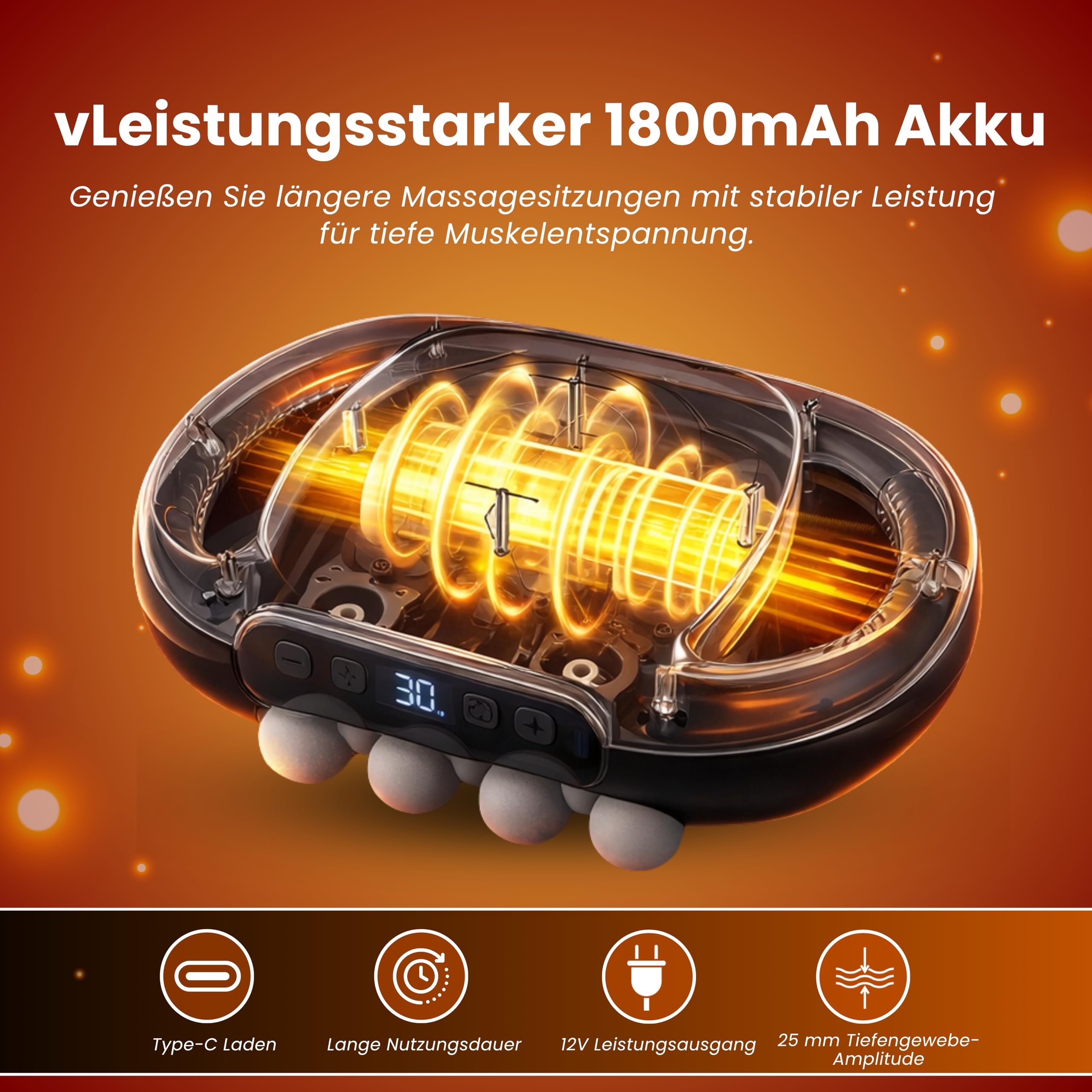 BeFit24 Massagepistole mit Wärmefunktion & 16 Massageköpfen, Tiefengewebe Massagegerät gegen Muskelverspannungen und Schmerzen, Muskelregeneration für Rücken, Nacken, Schultern & Beine, Kabellos USB-C
