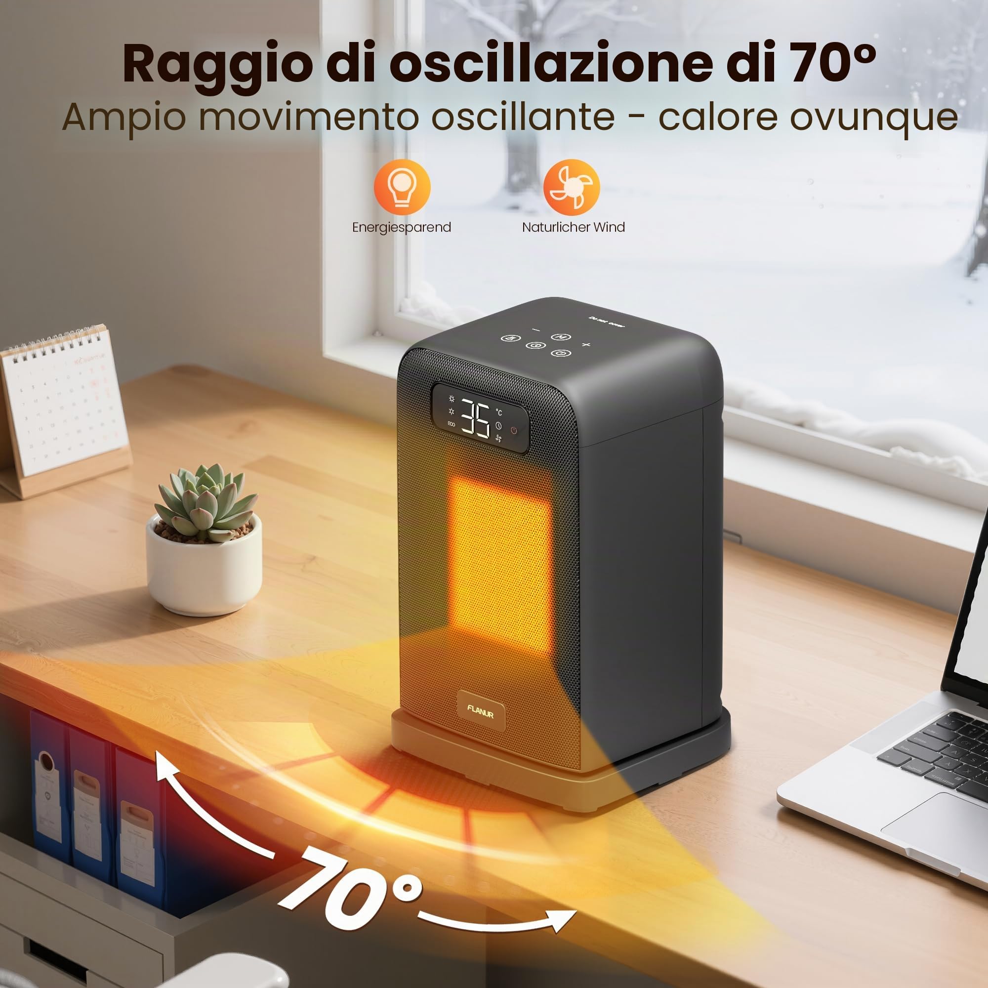 FLANUR Stufetta Elettrica Basso Consumo 1500W, Riscaldamento Portatile Ceramico PTC con Termostato,Oscillazione 70°, Timer 12H, Telecomando, 1 Pack+4 Modalità