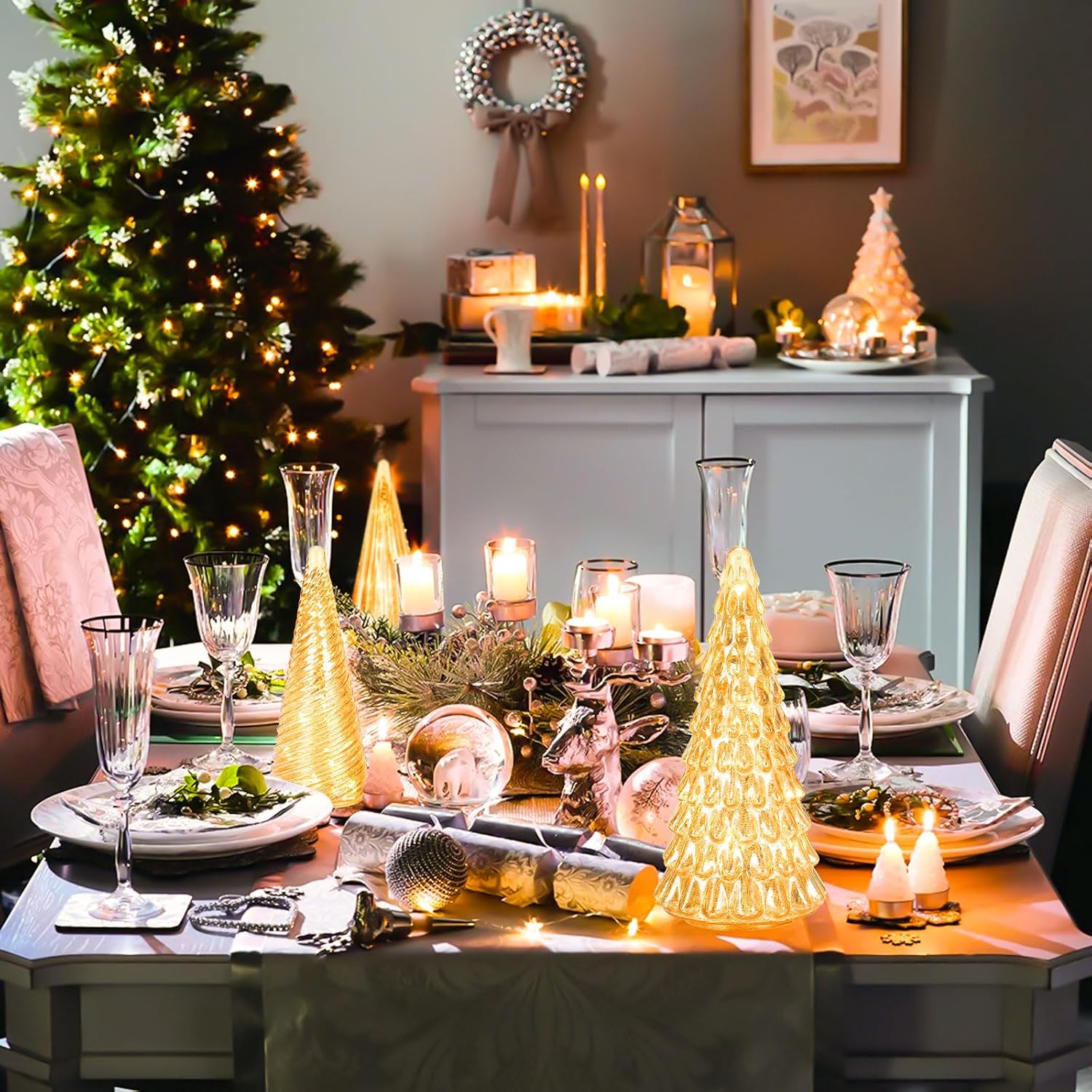 Table Top Christmas Tree Decorations with Fairy Lights,Gold Mercury Glass Finish, Holiday Table Centerpiece and Mantle Decor Set of 3 Assorted Trees