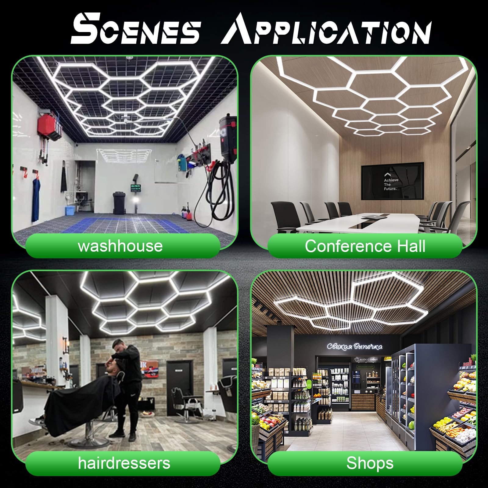 Plafoniera LED esagonale per garage-24pcs luci tubolari, super luminosa 192W 6500K, luci da soffitto LED collegabili per dettagli auto, magazzino, seminterrato, cura dell'auto, lavanderia (5-Hex)