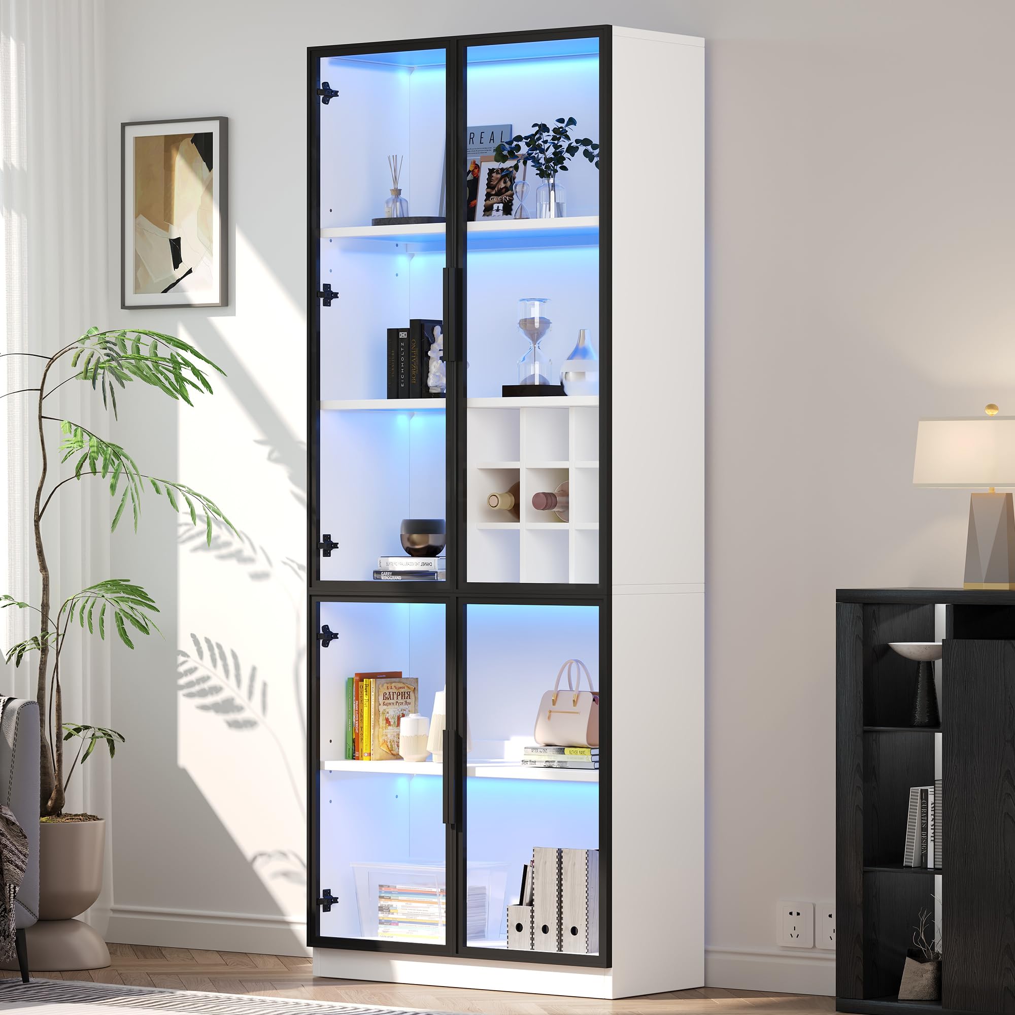Vitrina de 80 x 35 x 200 cm, con puertas de cristal con LED, armario alto, librería, vitrina de pie, elegante aparador con puertas dobles, estante de cristal y soporte para vinos
