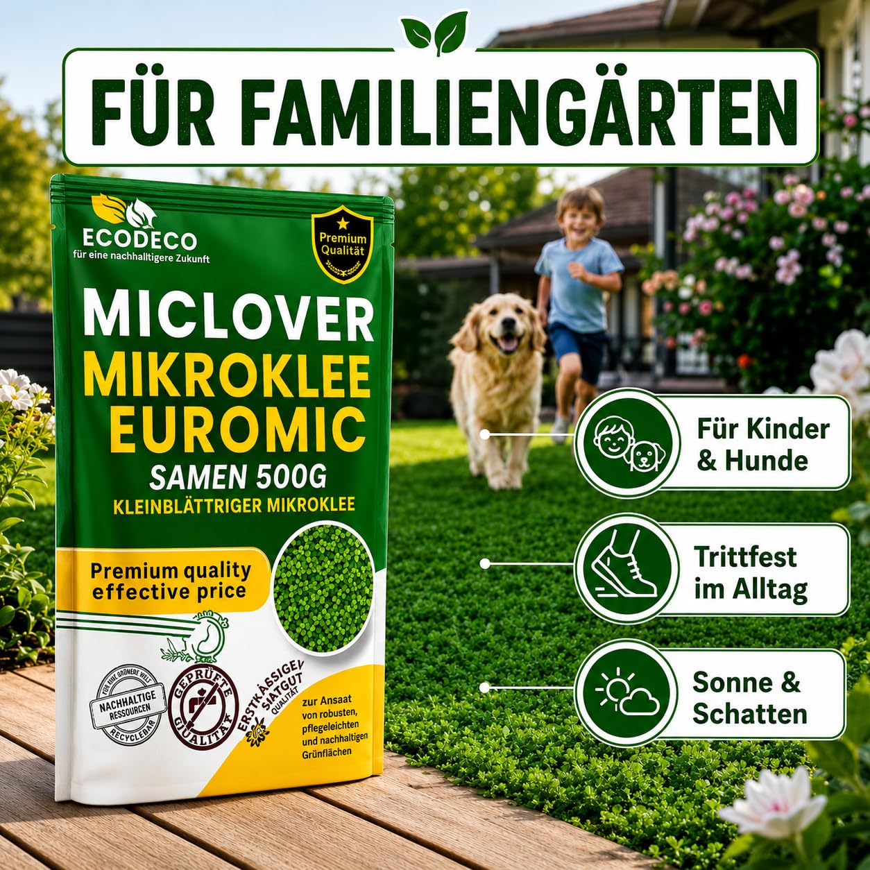 Semillas Cesped Trébol Enano 1kg (400m² Puro o 800m² con Césped) – Blanco Micro Trébol Tapizante Resistente para un Jardín Verde y Uniforme – Alternativa a Césped Natural