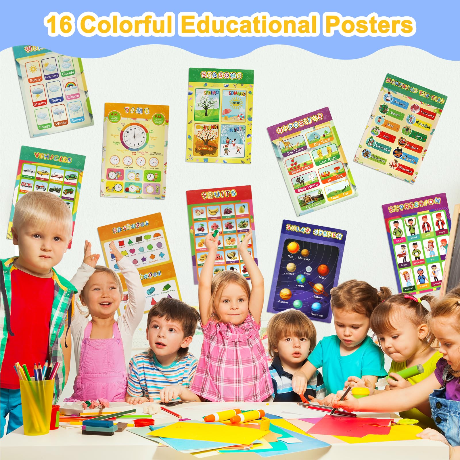 RAYNEAY Educational Posters 16 Pack, Colourful Toddlers Learning Charts Wall Poster with Laminated for Kindergarten Toddlers Home Education, Includes ABC Alphabet, Science, and Math, A3 Size - Image 3