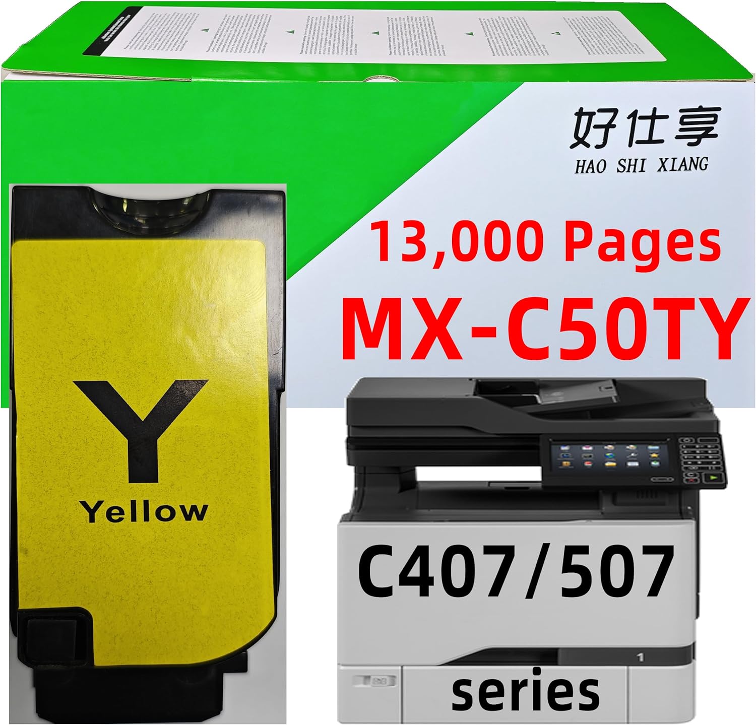 MX-C407F MX-C507F Toner Cartridge Compatible with Sharp MX-C50TB MX-C50TC MX-C50TM MX-C50TY 40C2485 40C2486 40C2487 40C2488 MX-C407F MX-C507F Printer (MX-C50TY-Yellow Toner-13000Pages-1Pack)