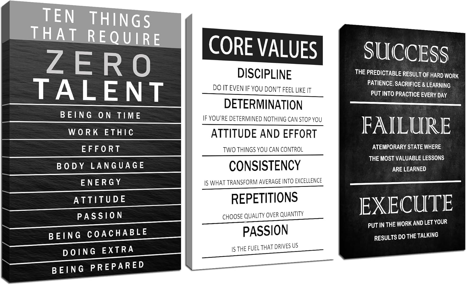 Zero Talent Poster Motivational Office Quotes Wall Art Core Values Inspirational Wall Decor Canvas Print 3 Panel Picture Artwork for Living Room Bedroom Home Decor Framed Ready to Hang [48''Wx 24''H]