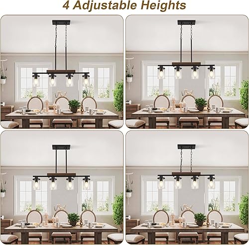 Miniatura 5 de Lámpara de isla de cocina de 29.3 pulgadas, lámpara de comedor de 4 luces sobre mesa, lámpara colgante de techo de madera rústica moderna negra, con