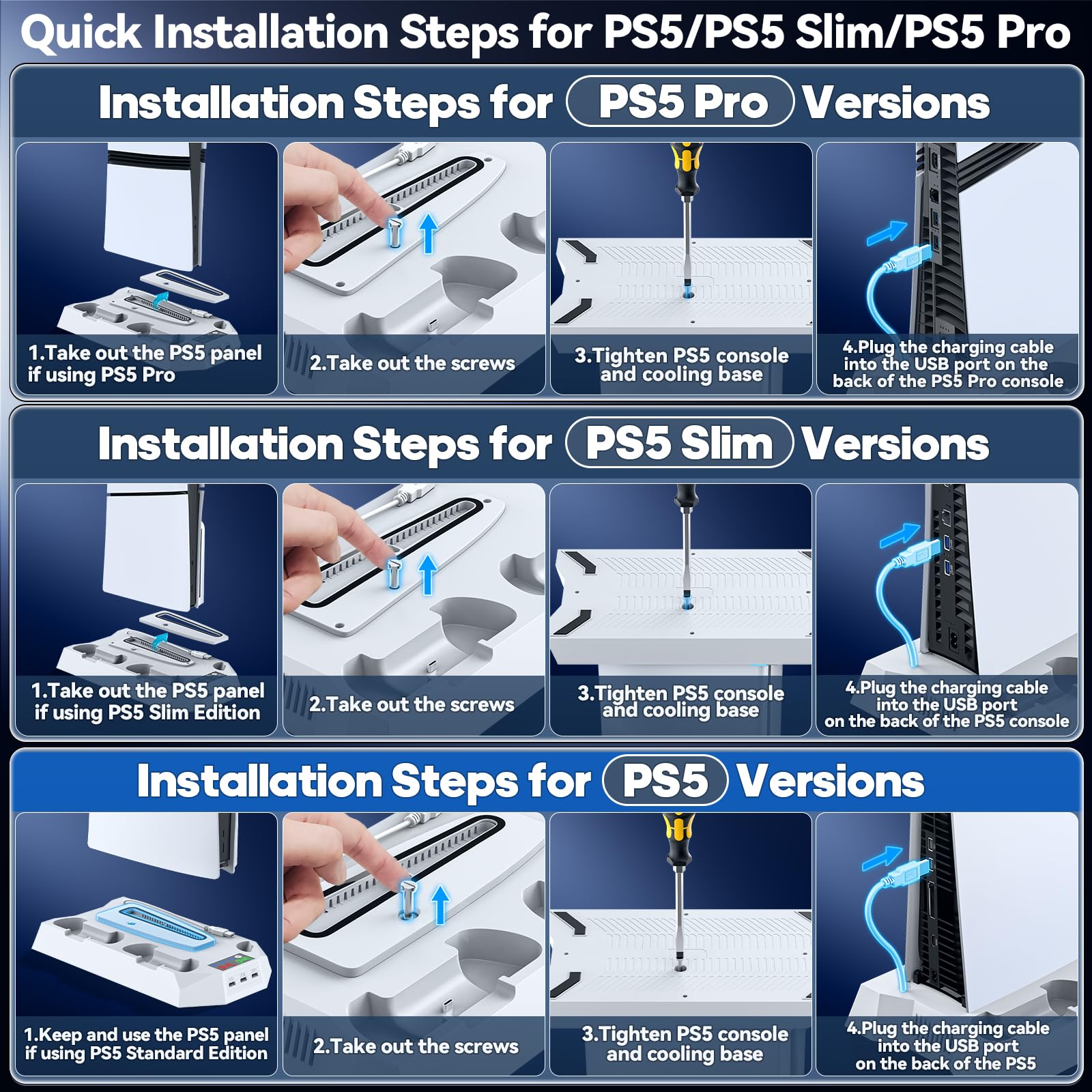 Tokluck Support PS5 pour PS5/PS5 Slim/PS5 Pro, Station de Refroidissement avec Charge à Double Manettes, Ventilateur de Refroidissement à 3 Vitesses avec Casque et 3 Ports USB