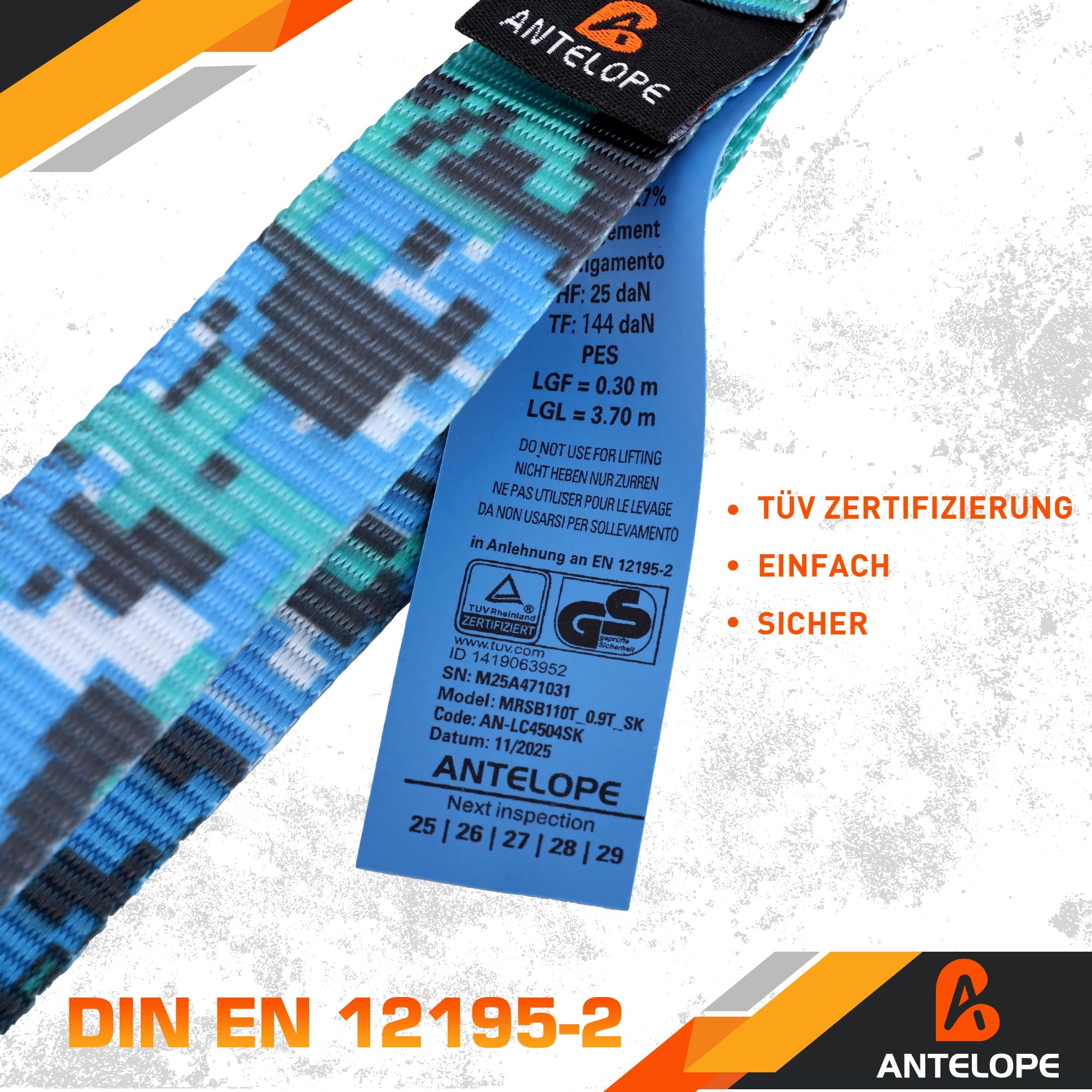 A ANTELOPE 4 Set Spanngurte mit Ratsche und Haken, Ratschengurt, EN 12195-2 | 25mm x 4m, TÜV/GS, Zurrgurte mit Ratschen Satz 900kg Bruchfestigkeit, Motorrad Spanngurte für Umzüge und Fracht, Tarnblau