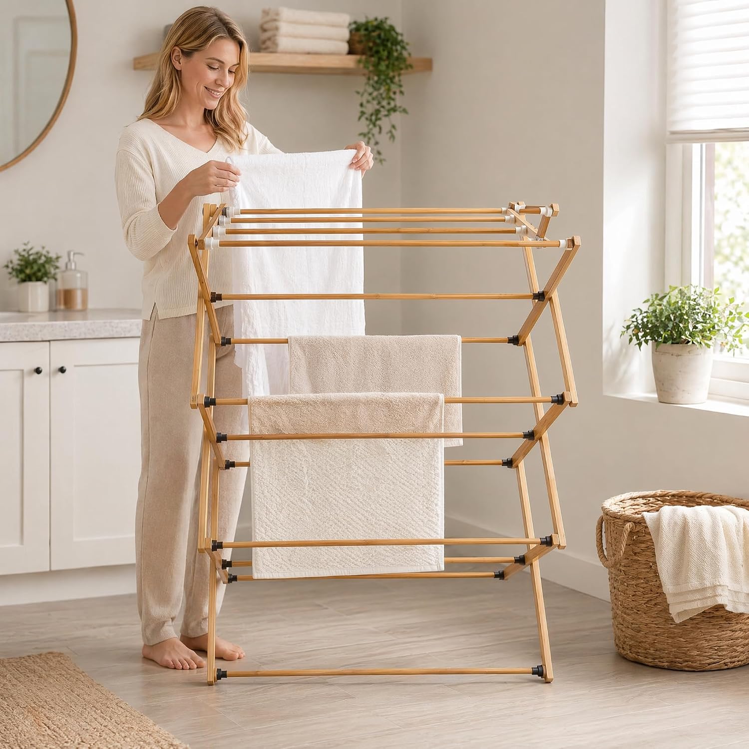 Foldable&Dismountable 6-Tier Bamboo Clothes Drying Rack, Multi-Tier Collapsible Laundry Hanger, Space Saving Garment Stand for Indoor Outdoor Balcony Bathroom. (Original, 21.13" X 14.96" X 39.37")