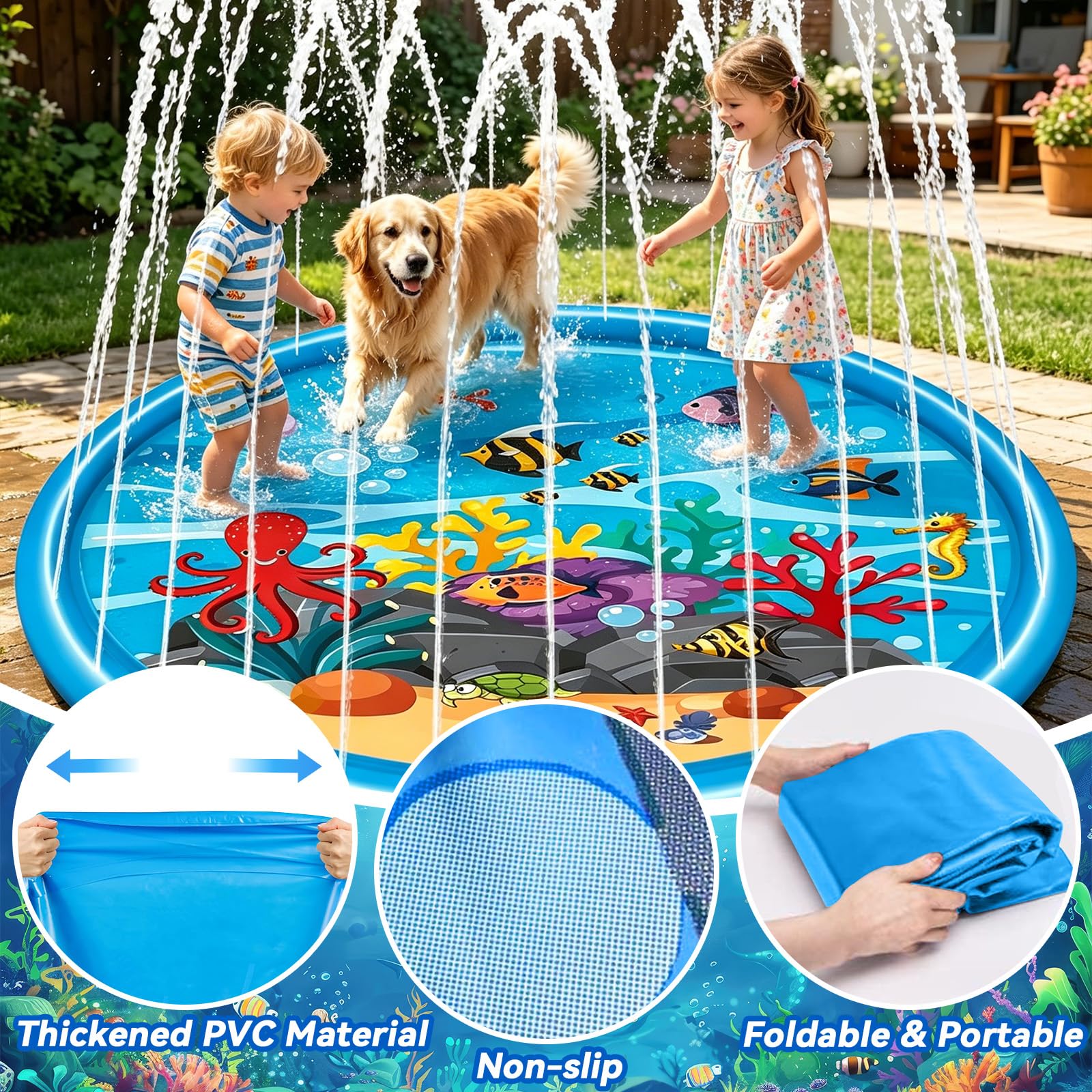 170CM Tapis d'eau, Tapis de Jeu d'eau, Jouet Aquatique d'Été, Jeu d'eau Extérieur pour Enfants et Animaux de Compagnie, Adapté pour Les Activités Extérieures, Les Fêtes à La Plage et Les Jardins