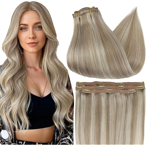 Full Shine Clip in Extensions Golden Blonde Highlight Medium Blonde Clip in Hair Extensions for Women Straight Invisible Clip ins Softness 12 Inch 3 Pcs 60g